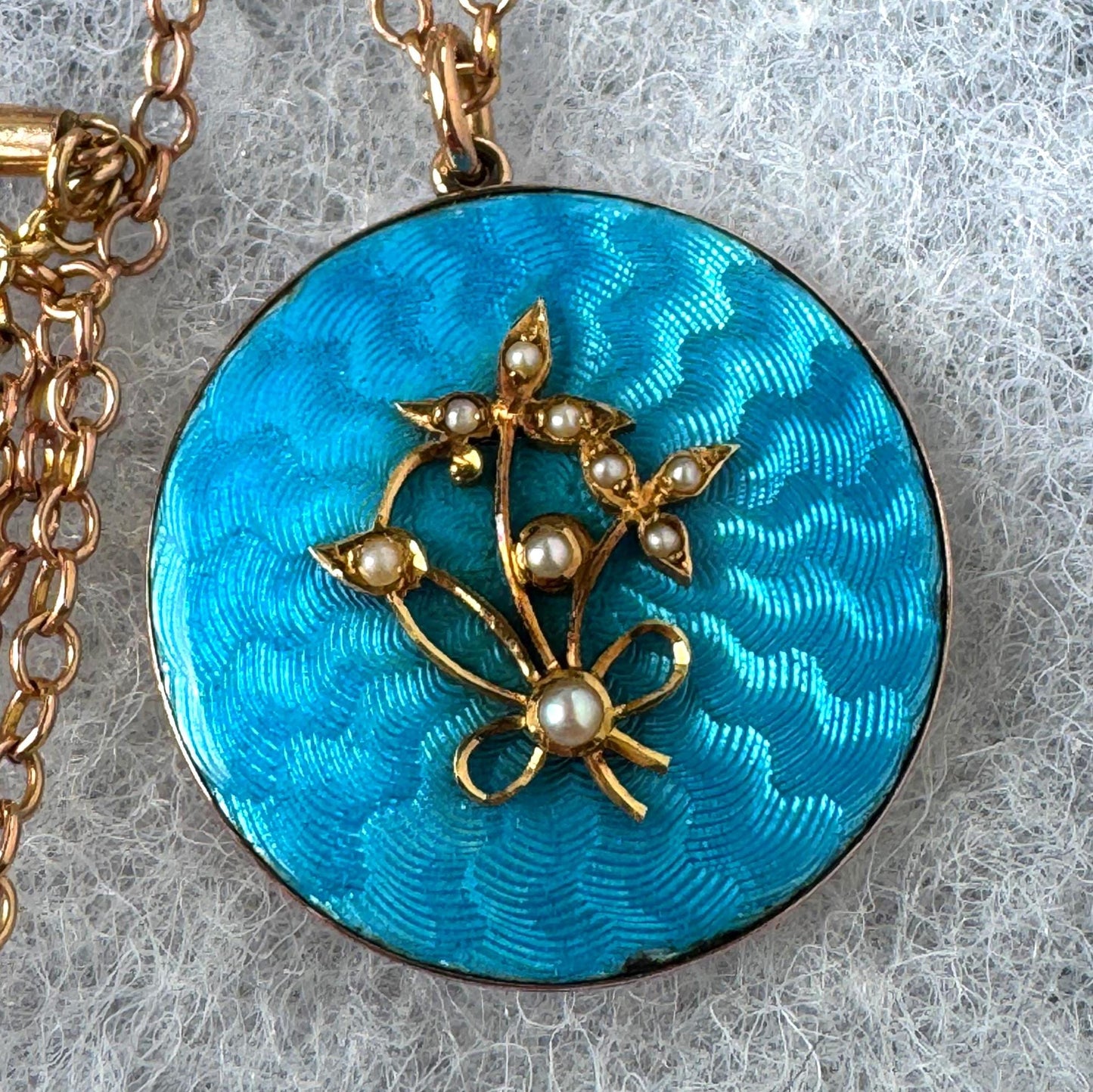 Antique Edwardian 15ct Gold Blue Guilloché Enamel Picture Locket with Seed Pearls, Optional Chain