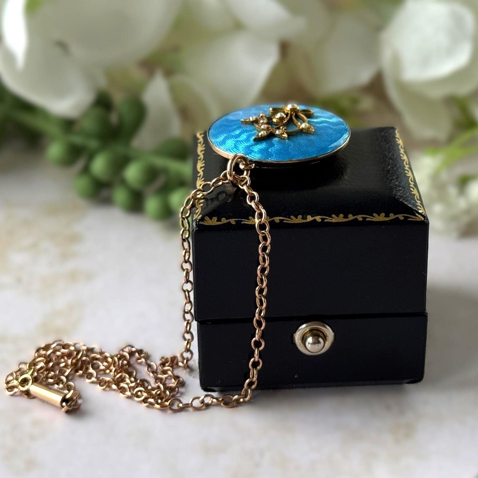 Antique Edwardian 15ct Gold Blue Guilloché Enamel Picture Locket with Seed Pearls, Optional Chain