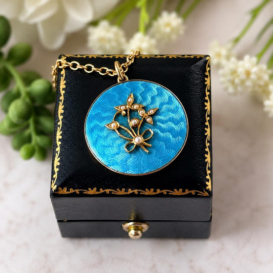 Antique Edwardian 15ct Gold Blue Guilloché Enamel Picture Locket with Seed Pearls, Optional Chain