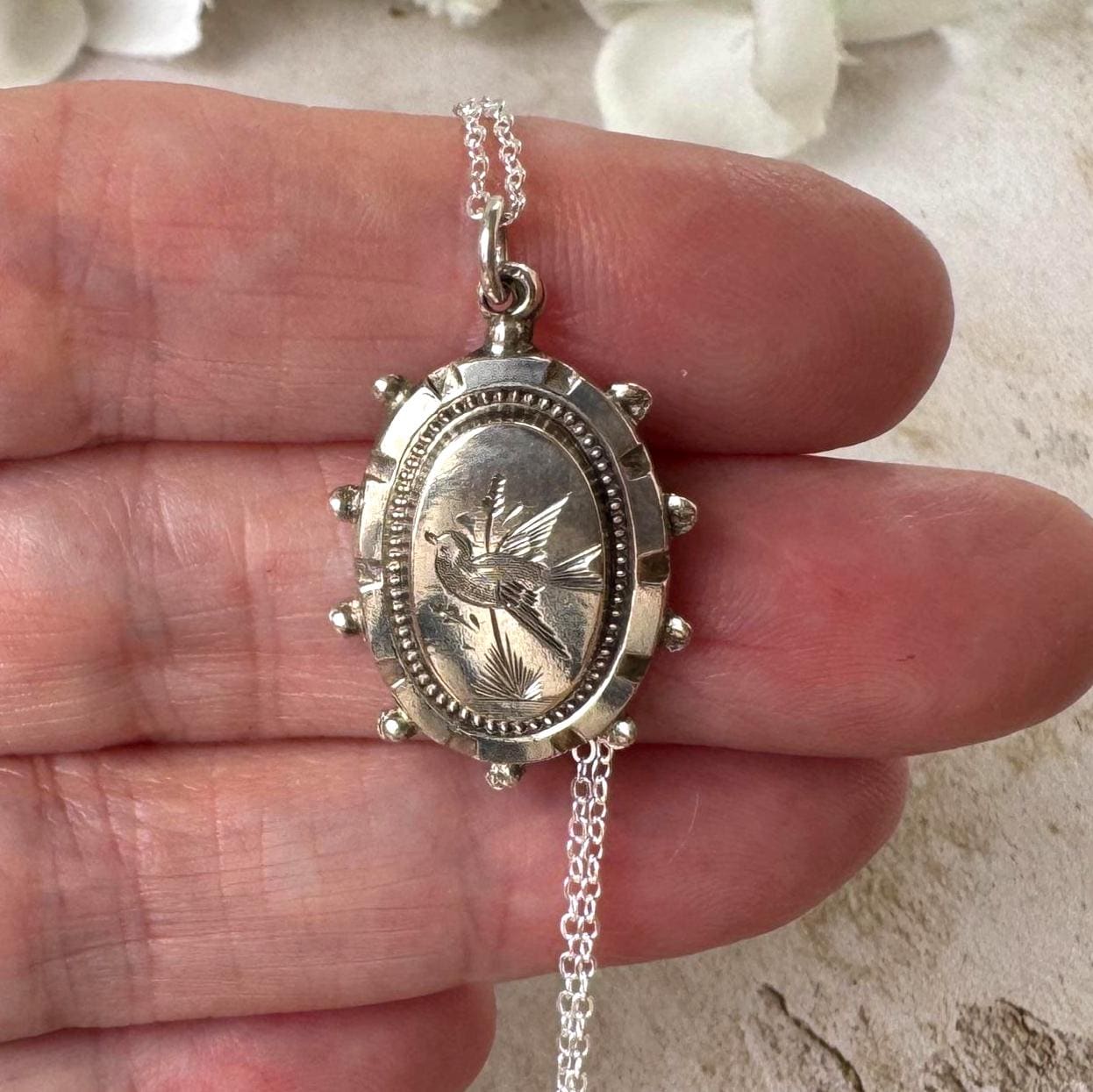 Antique Victorian Engraved Swallow Sterling Silver Pendant Necklace