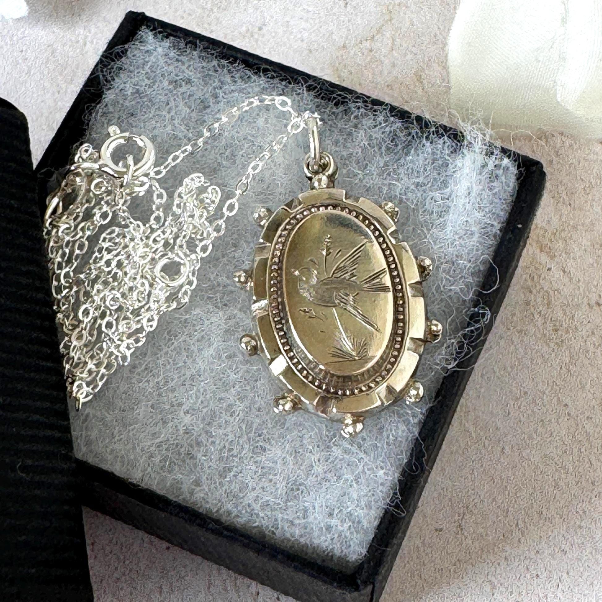 Antique Victorian Engraved Swallow Sterling Silver Pendant Necklace