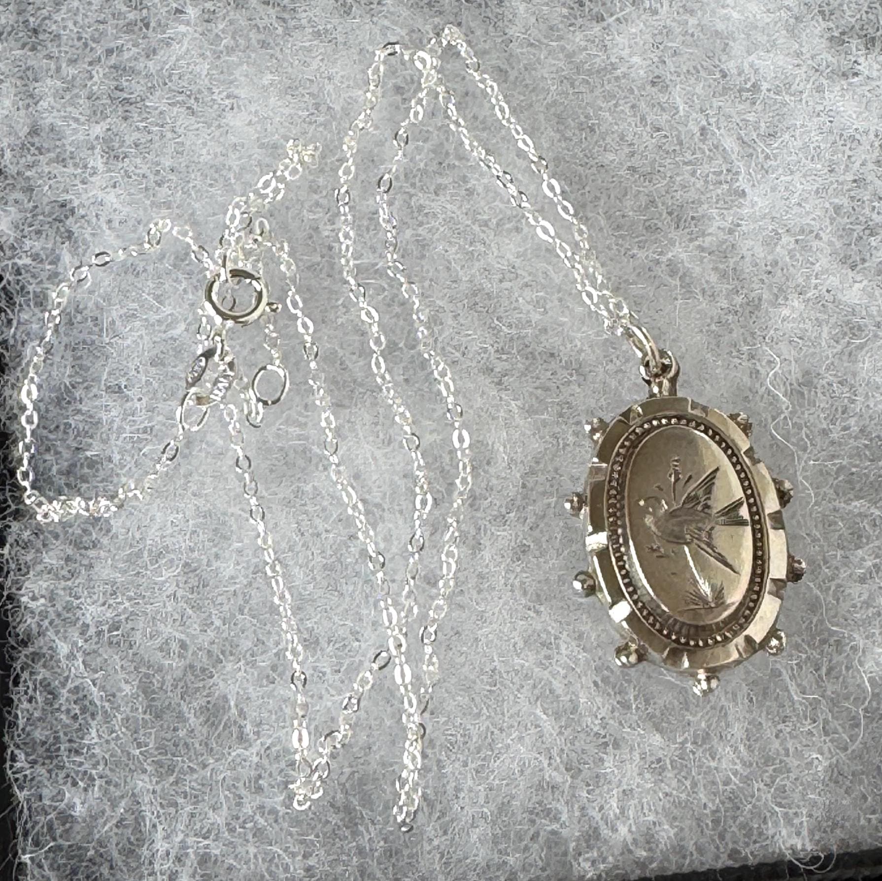 Antique Victorian Engraved Swallow Sterling Silver Pendant Necklace