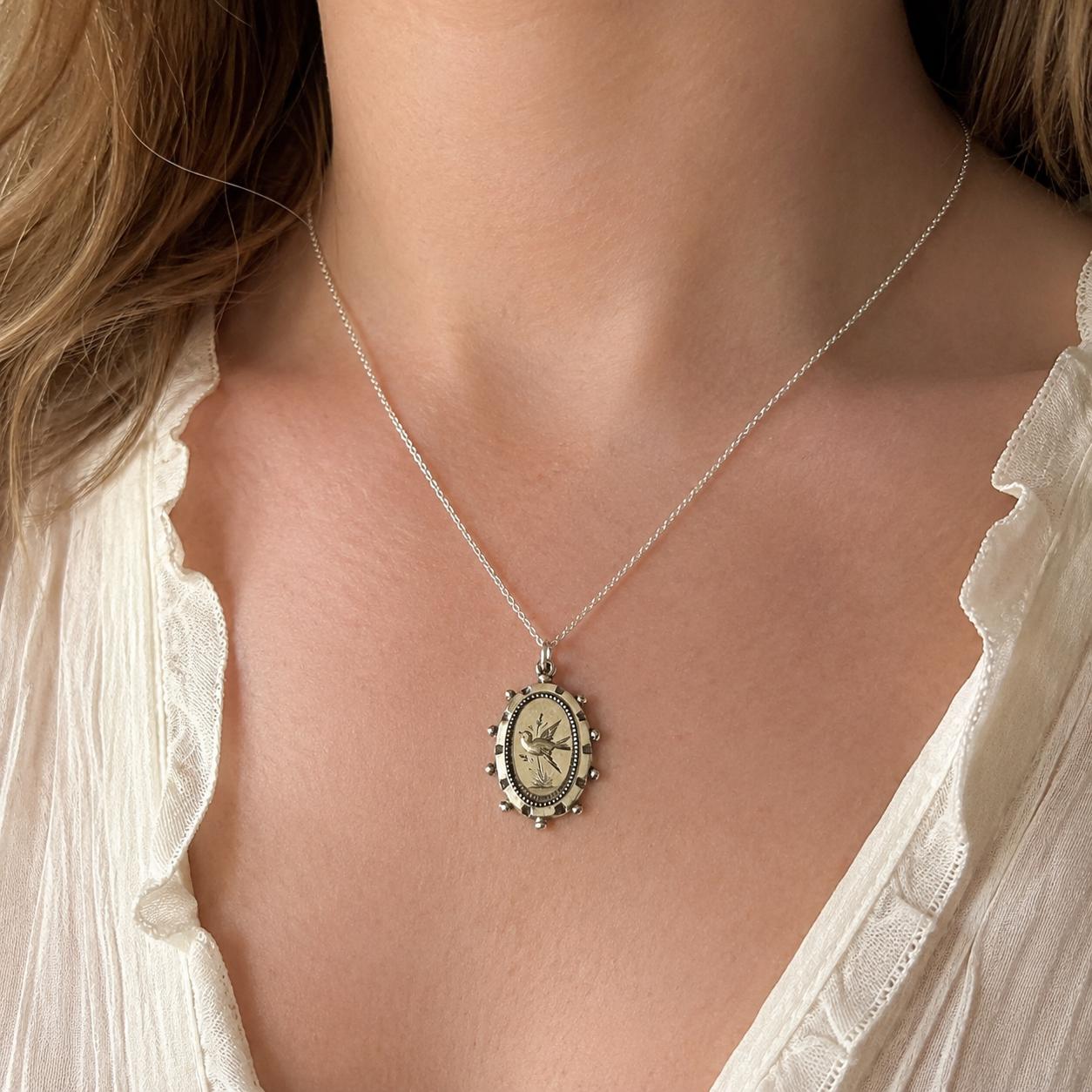 Antique Victorian Engraved Swallow Sterling Silver Pendant Necklace