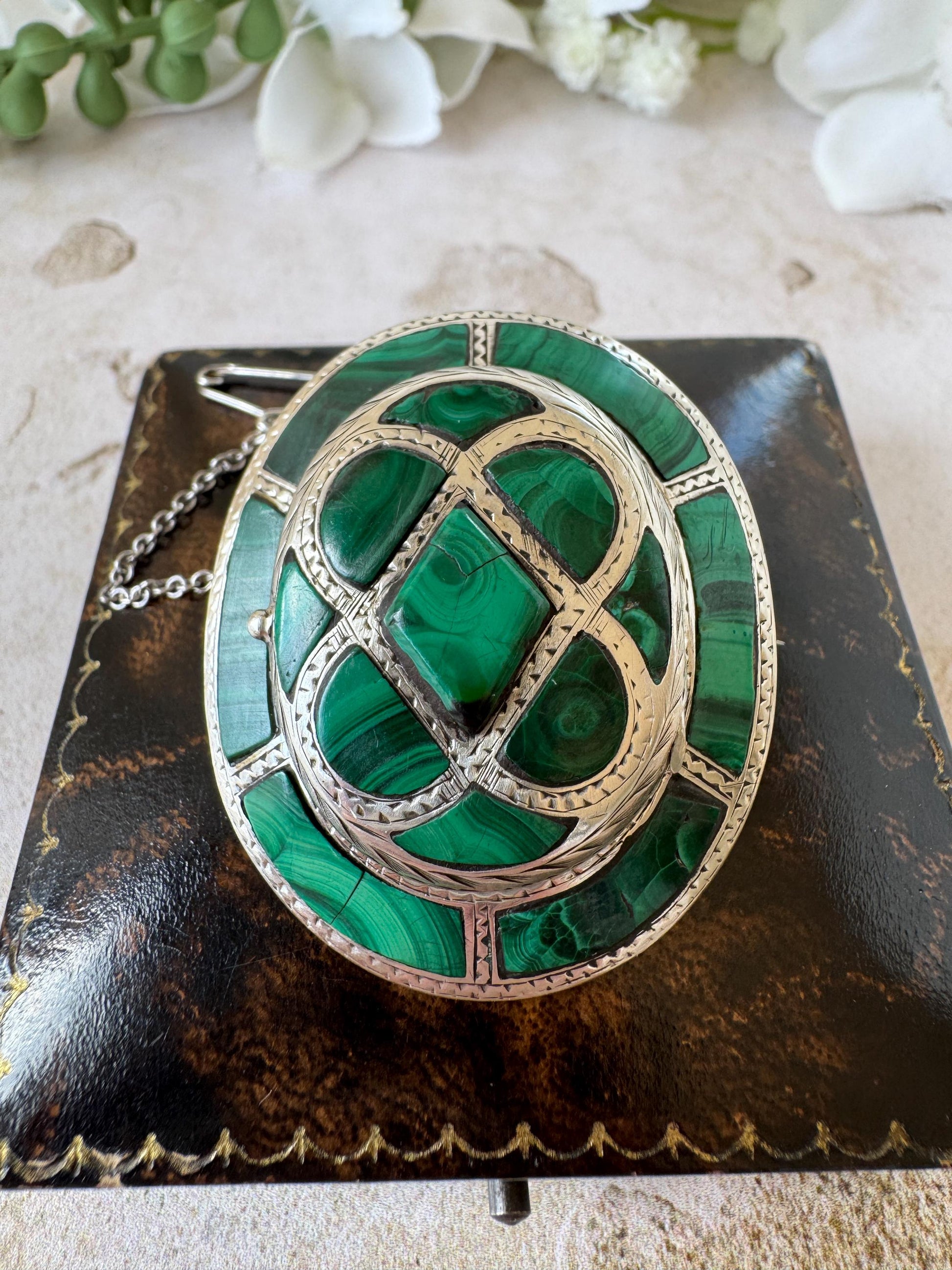 Victorian Scottish Malachite Hidden Locket Brooch | Rare Antique Sterling Silver Scottish Pebble Jewellery