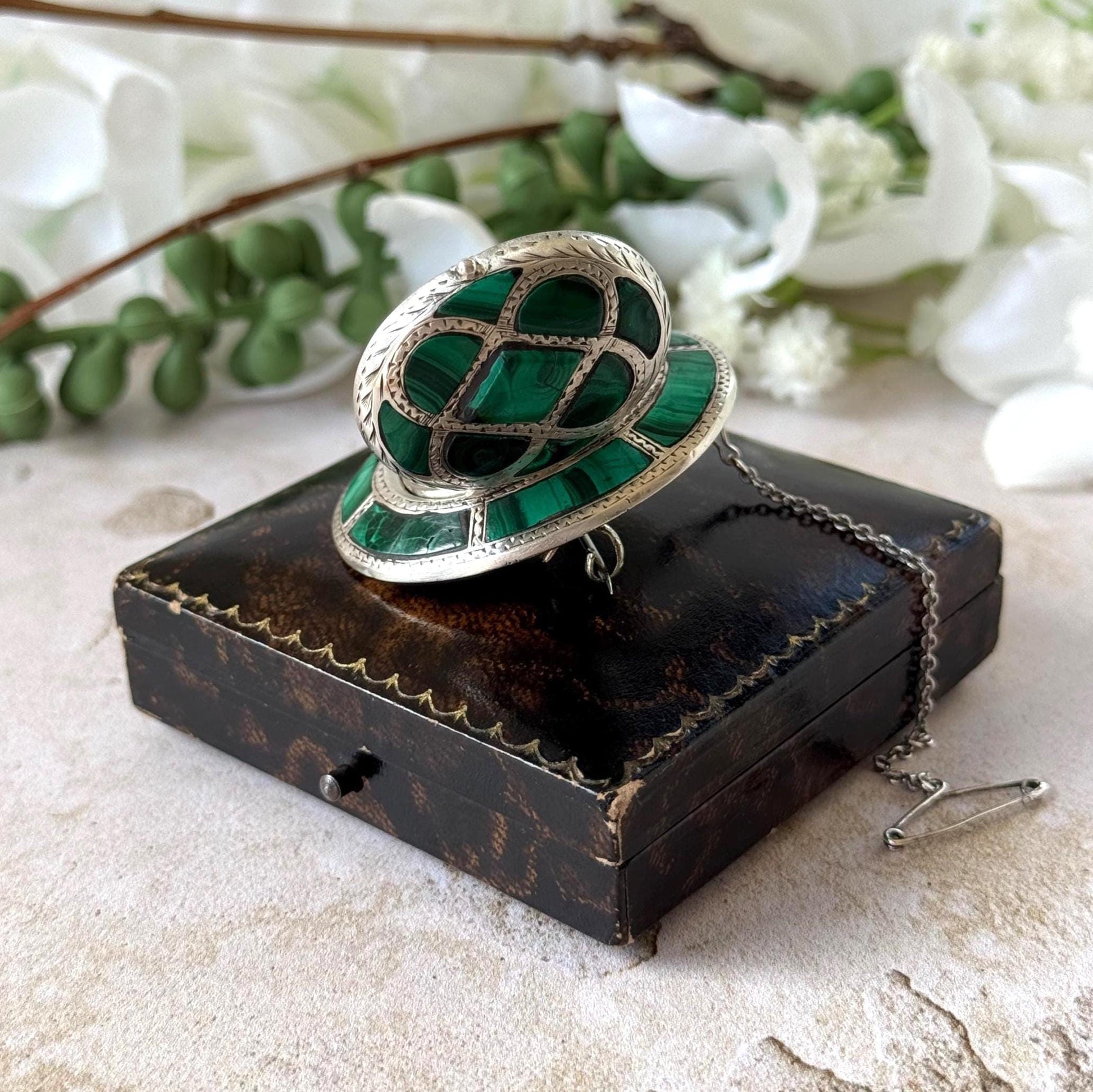 Victorian Scottish Malachite Hidden Locket Brooch | Rare Antique Sterling Silver Scottish Pebble Jewellery