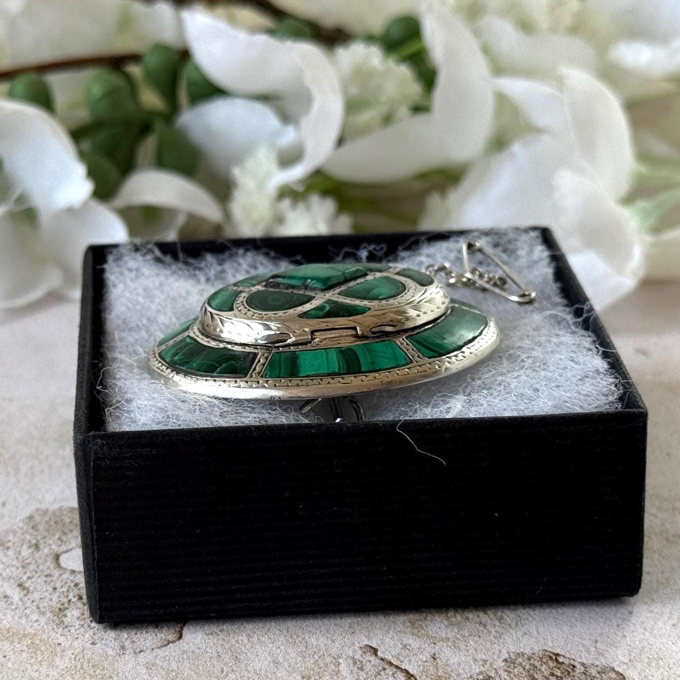 Victorian Scottish Malachite Hidden Locket Brooch | Rare Antique Sterling Silver Scottish Pebble Jewellery