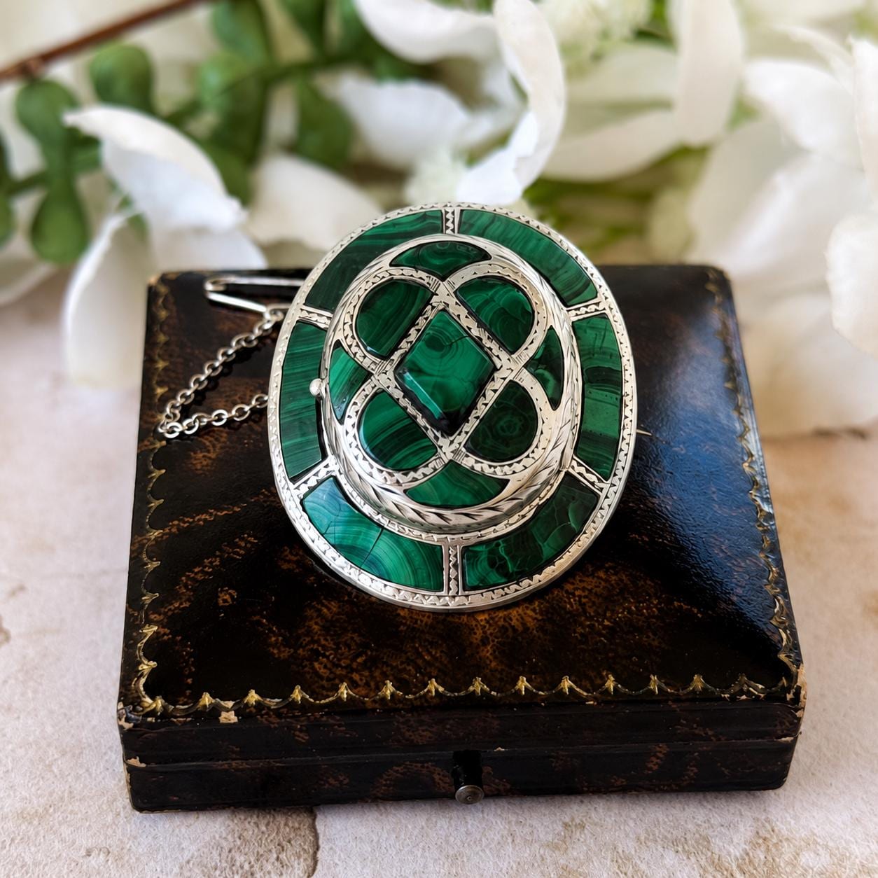 Victorian Scottish Malachite Hidden Locket Brooch | Rare Antique Sterling Silver Scottish Pebble Jewellery