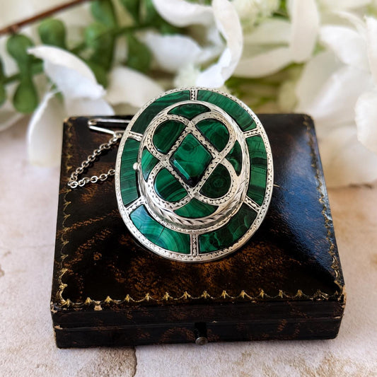 Victorian Scottish Malachite Hidden Locket Brooch | Rare Antique Sterling Silver Scottish Pebble Jewellery