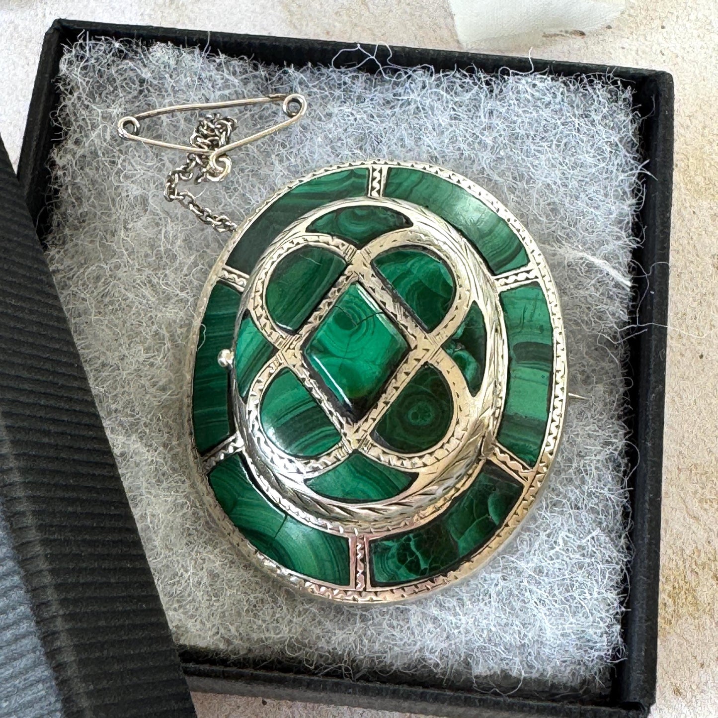 Victorian Scottish Malachite Hidden Locket Brooch | Rare Antique Sterling Silver Scottish Pebble Jewellery