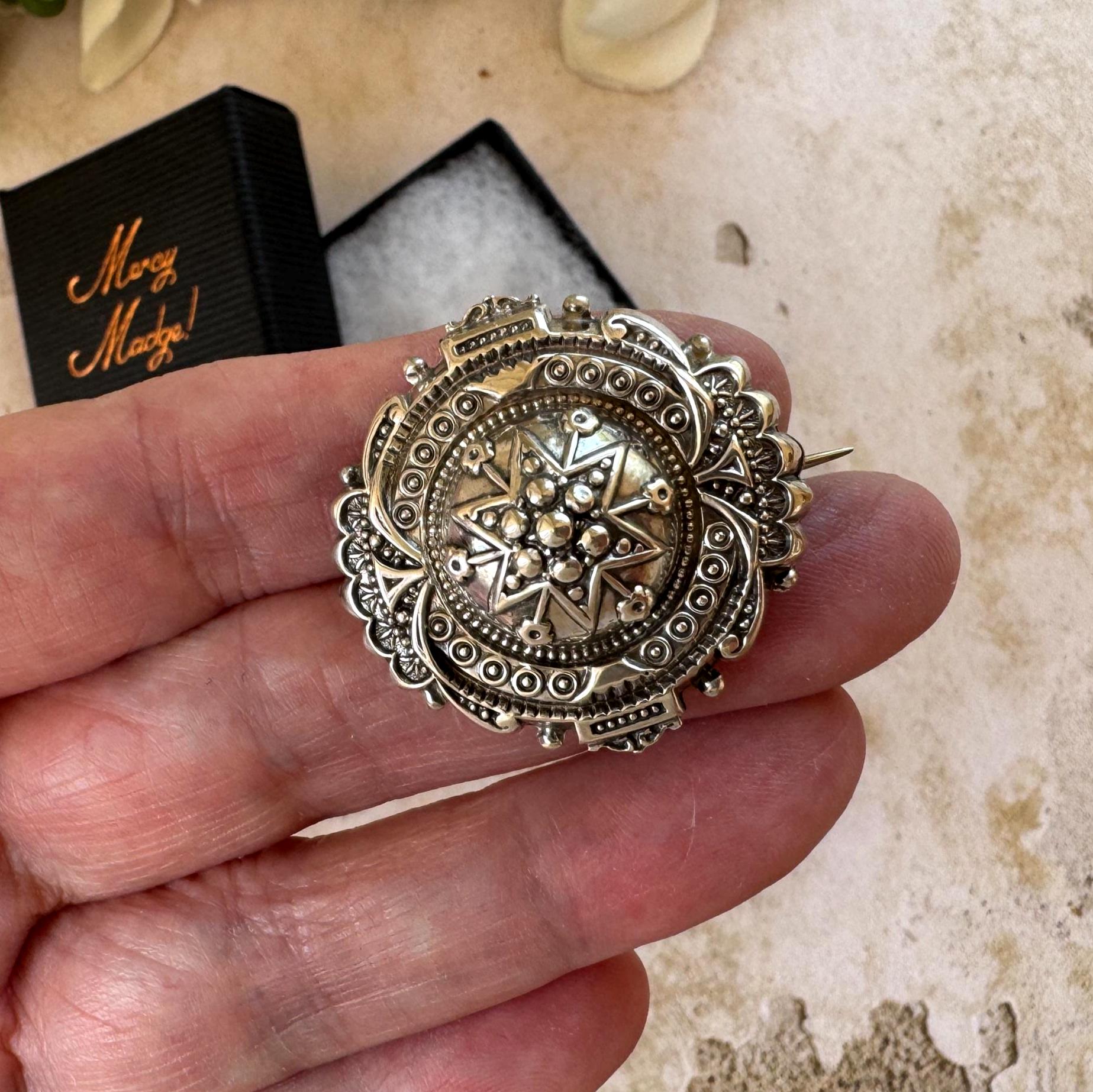 Antique Victorian Hidden Locket Brooch – Sterling Silver Aesthetic Movement Lapel Pin