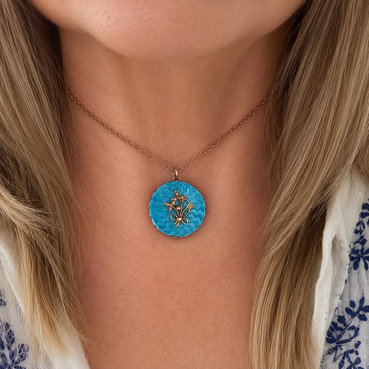 Antique Edwardian 15ct Gold Blue Guilloché Enamel Picture Locket with Seed Pearls, Optional Chain