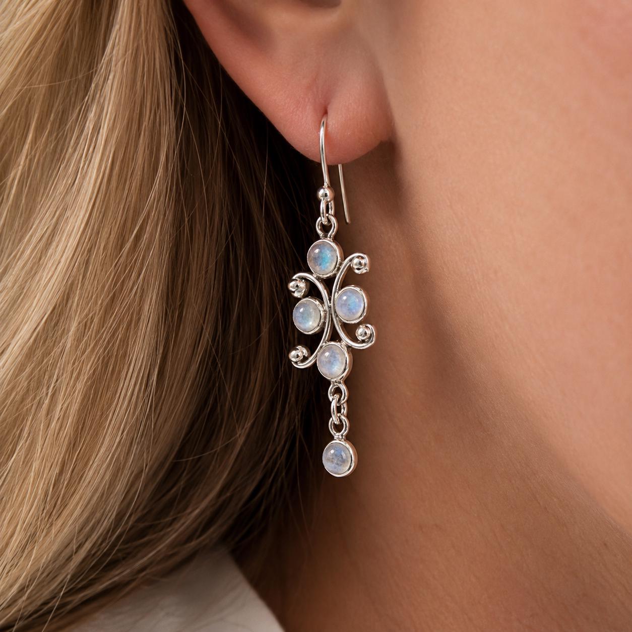 Vintage Sterling Silver Moonstone Drop Hook Earrings