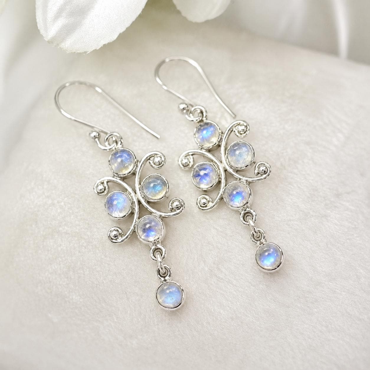 Vintage Sterling Silver Moonstone Drop Hook Earrings