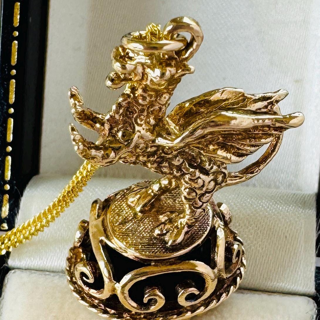 Vintage 9ct Gold Dragon Fob Seal Pendant With Black Onyx, London 1976. Large Gothic Charm