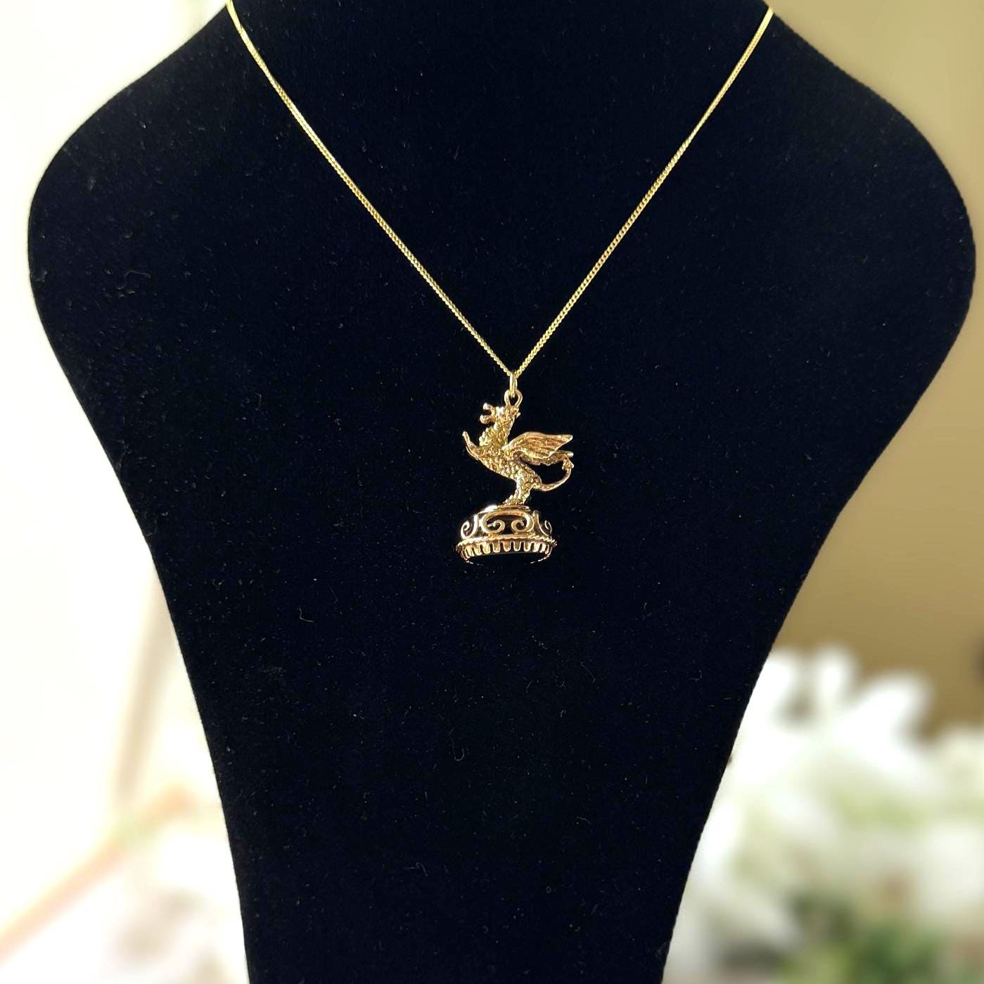 Vintage 9ct Gold Dragon Fob Seal Pendant With Black Onyx, London 1976. Large Gothic Charm