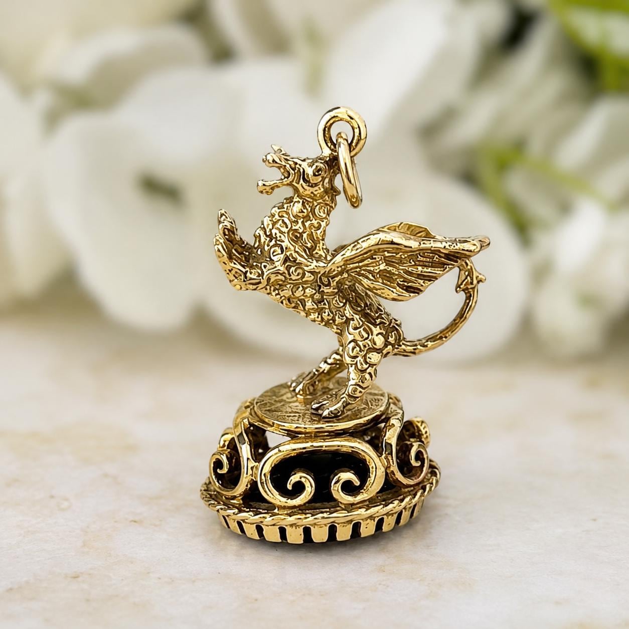 Vintage 9ct Gold Dragon Fob Seal Pendant With Black Onyx, London 1976. Large Gothic Charm