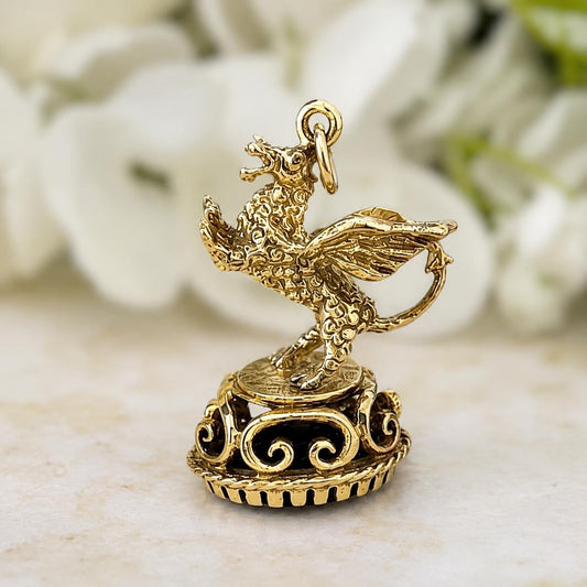 Vintage 9ct Gold Dragon Fob Seal Pendant With Black Onyx, London 1976. Large Gothic Charm
