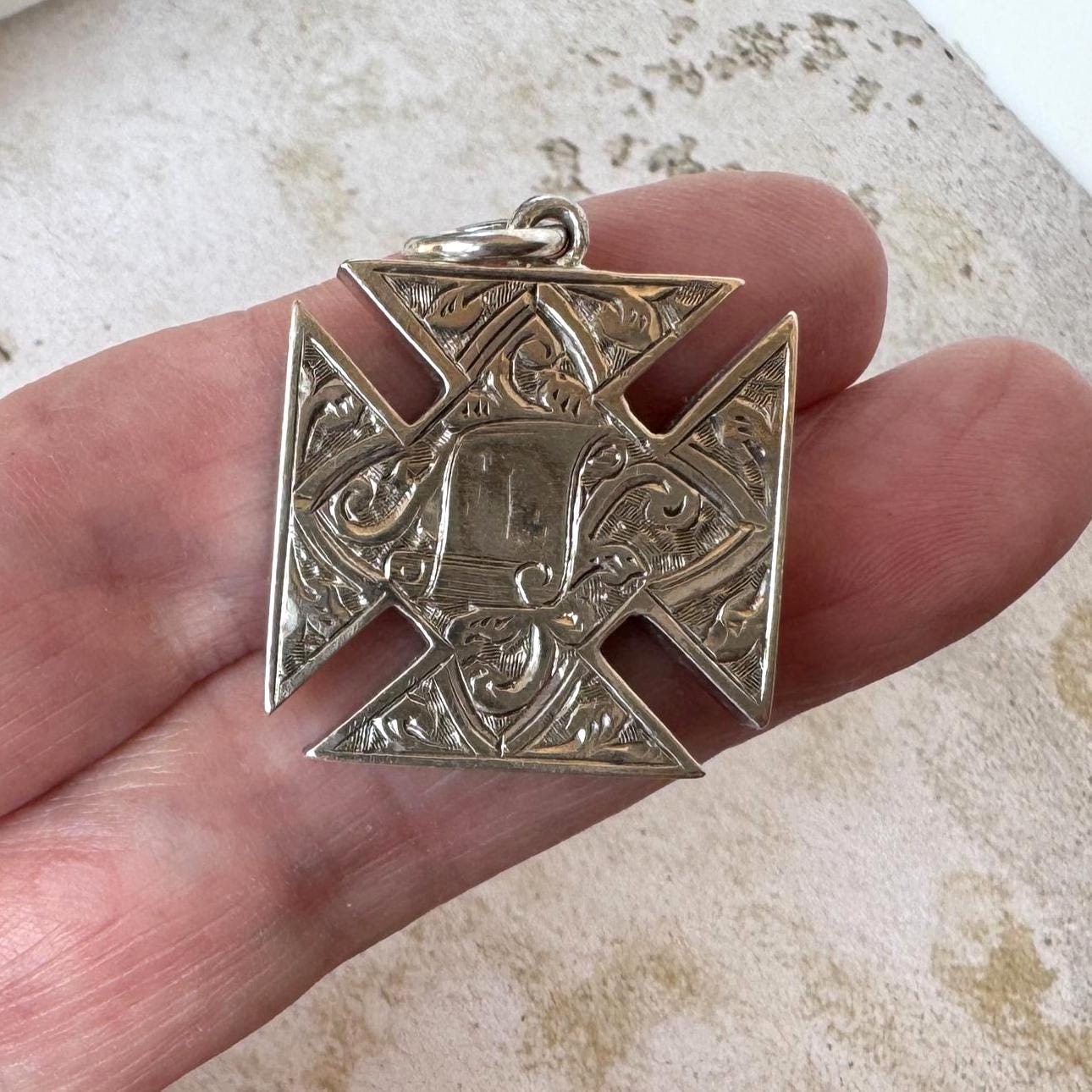Antique Victorian Sterling Silver Templar Cross Compass Fob Pendant