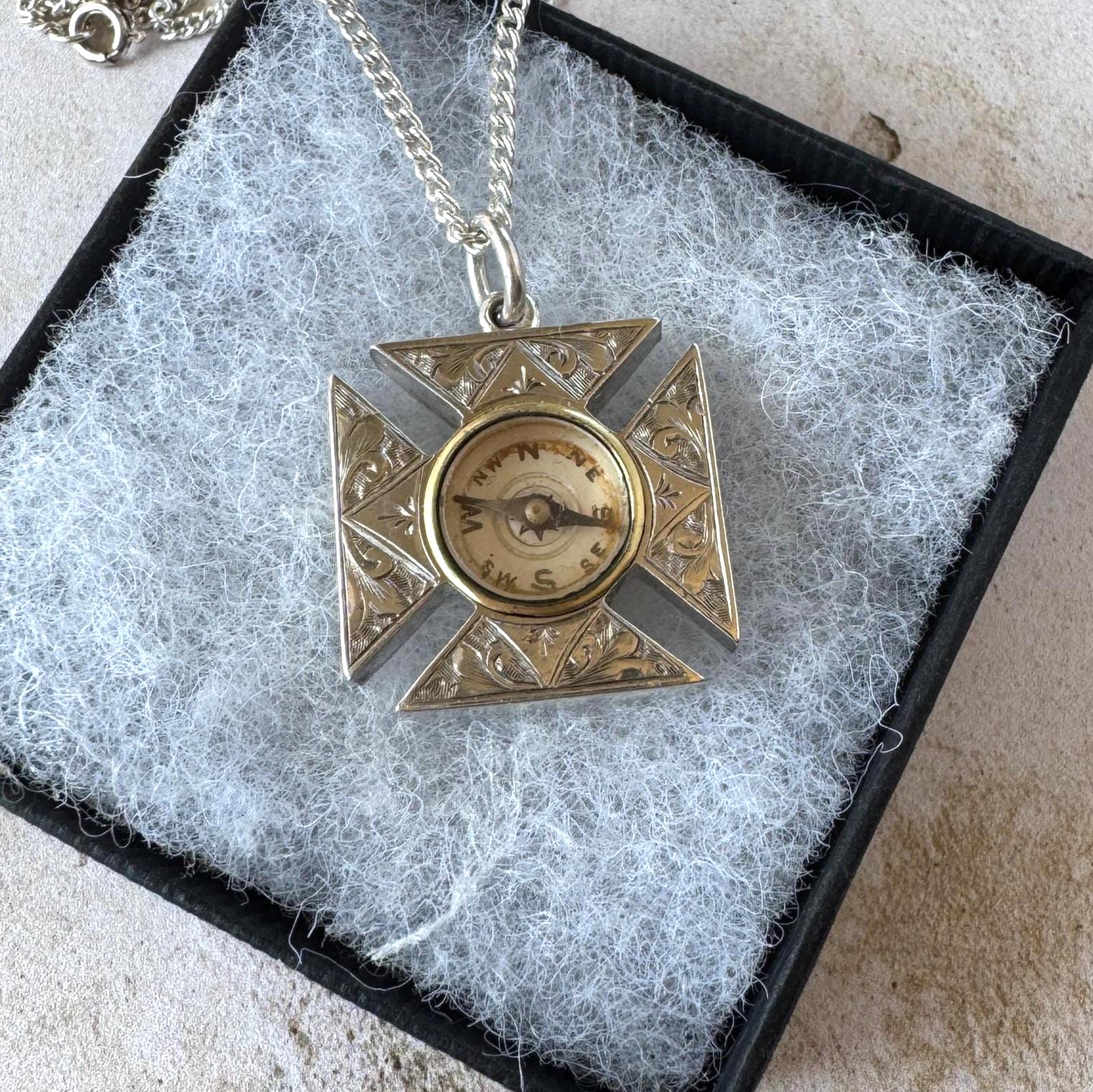 Antique Victorian Sterling Silver Templar Cross Compass Fob Pendant