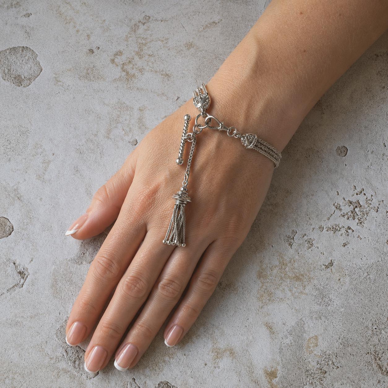 Antique Victorian Sterling Silver Albertina Bracelet | Love Heart Tassel Watch Chain
