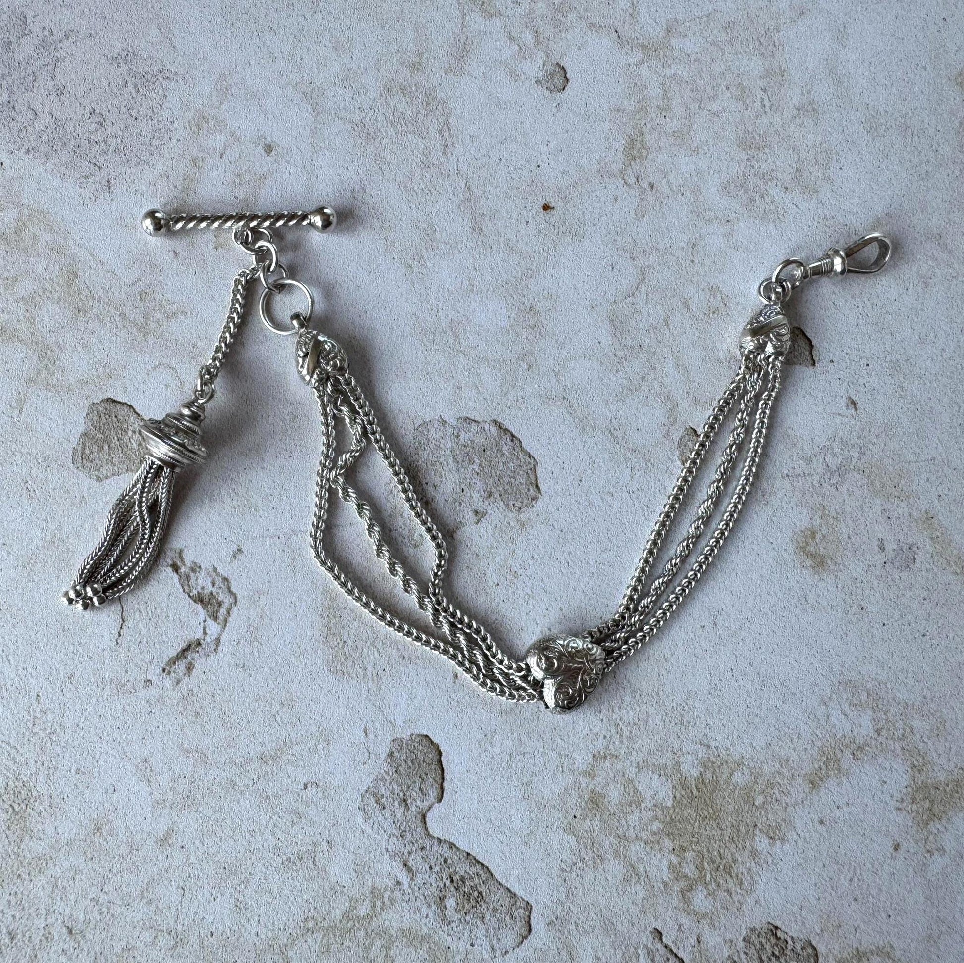 Antique Victorian Sterling Silver Albertina Bracelet | Love Heart Tassel Watch Chain