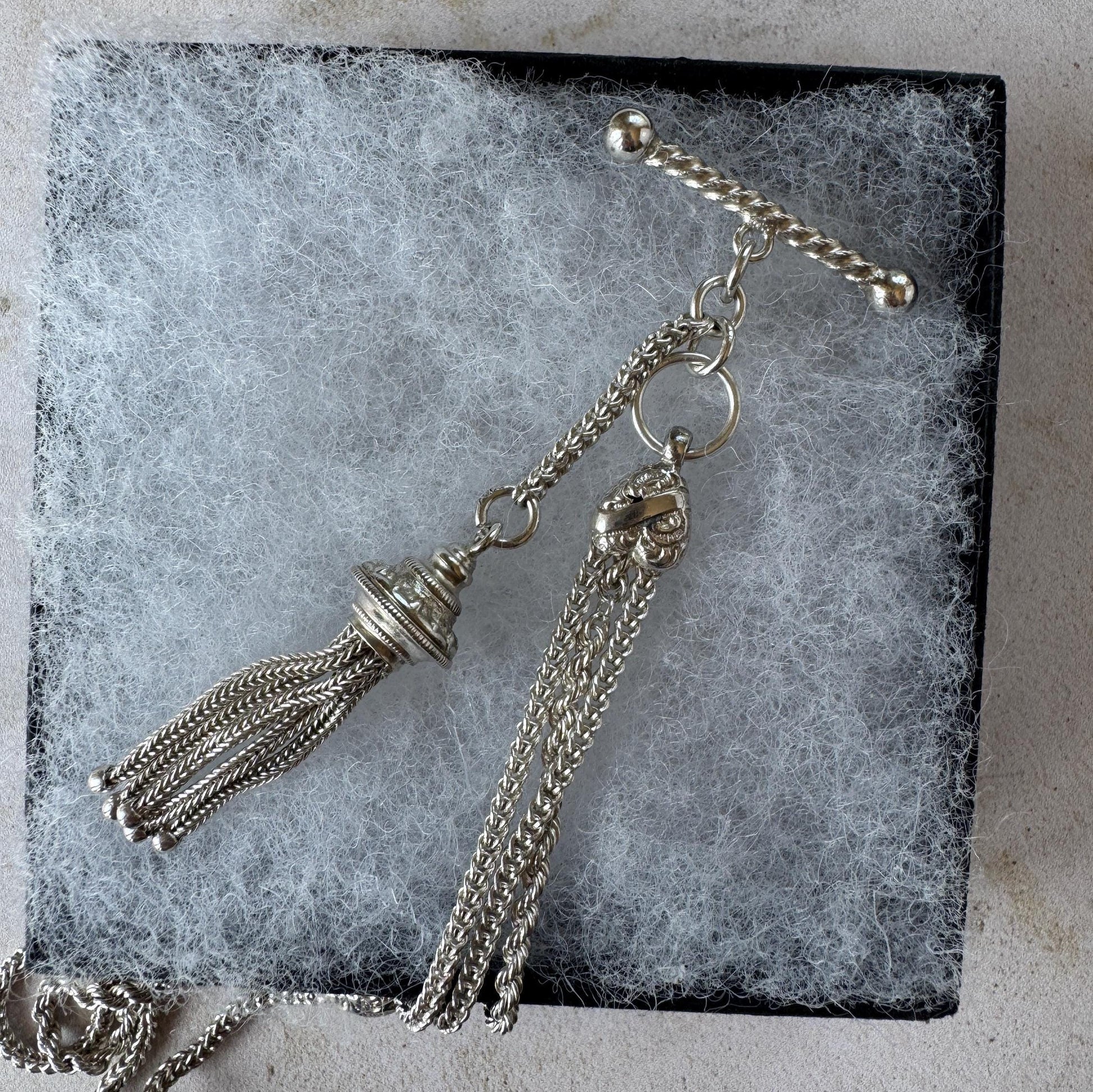 Antique Victorian Sterling Silver Albertina Bracelet | Love Heart Tassel Watch Chain