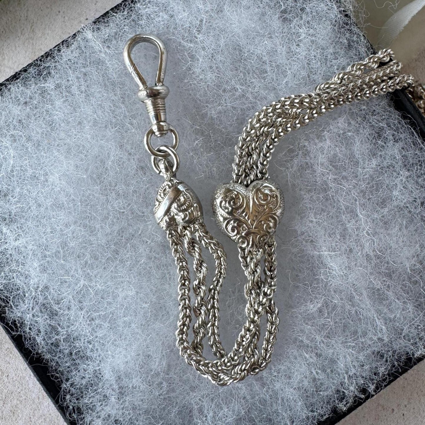 Antique Victorian Sterling Silver Albertina Bracelet | Love Heart Tassel Watch Chain