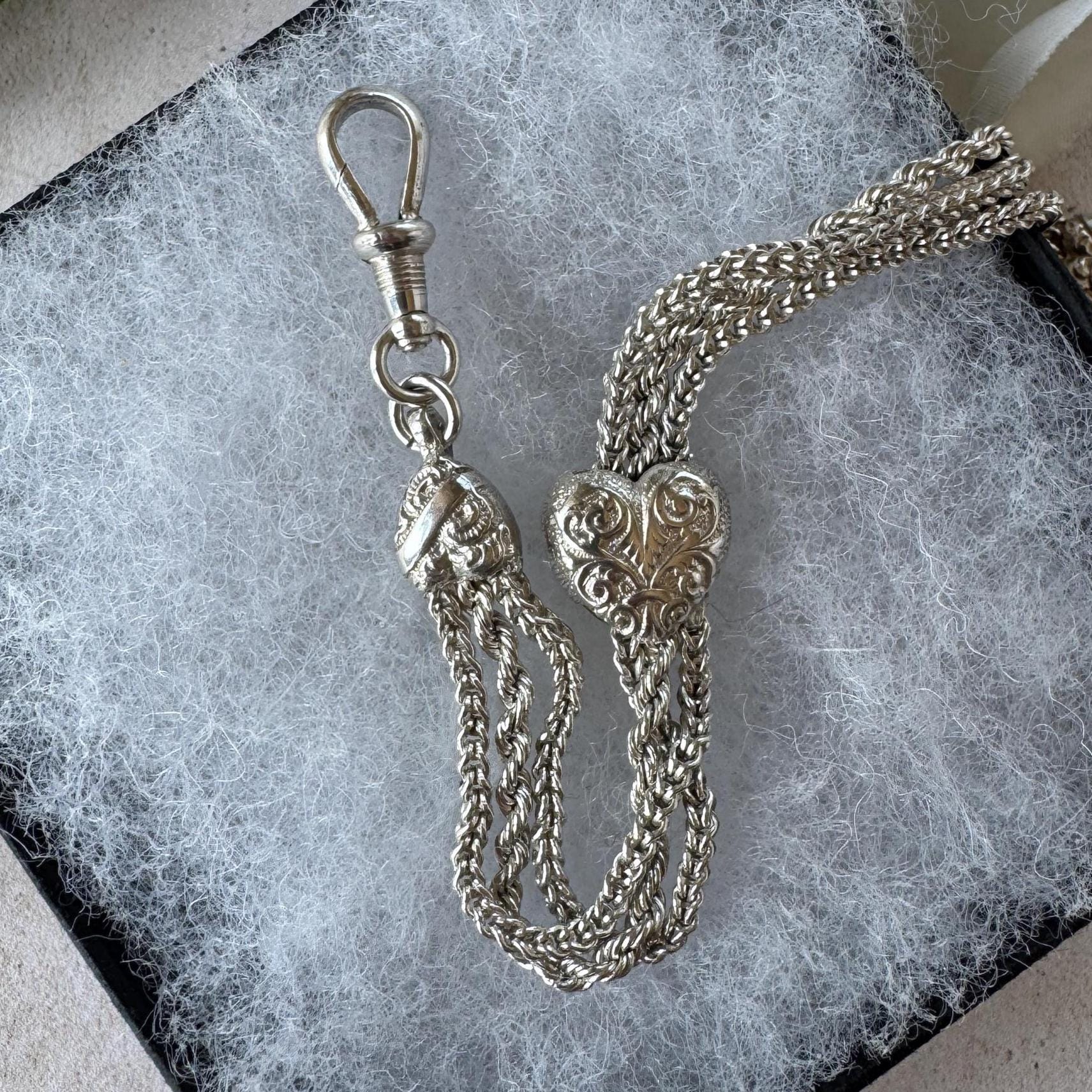 Antique Victorian Sterling Silver Albertina Bracelet | Love Heart Tassel Watch Chain