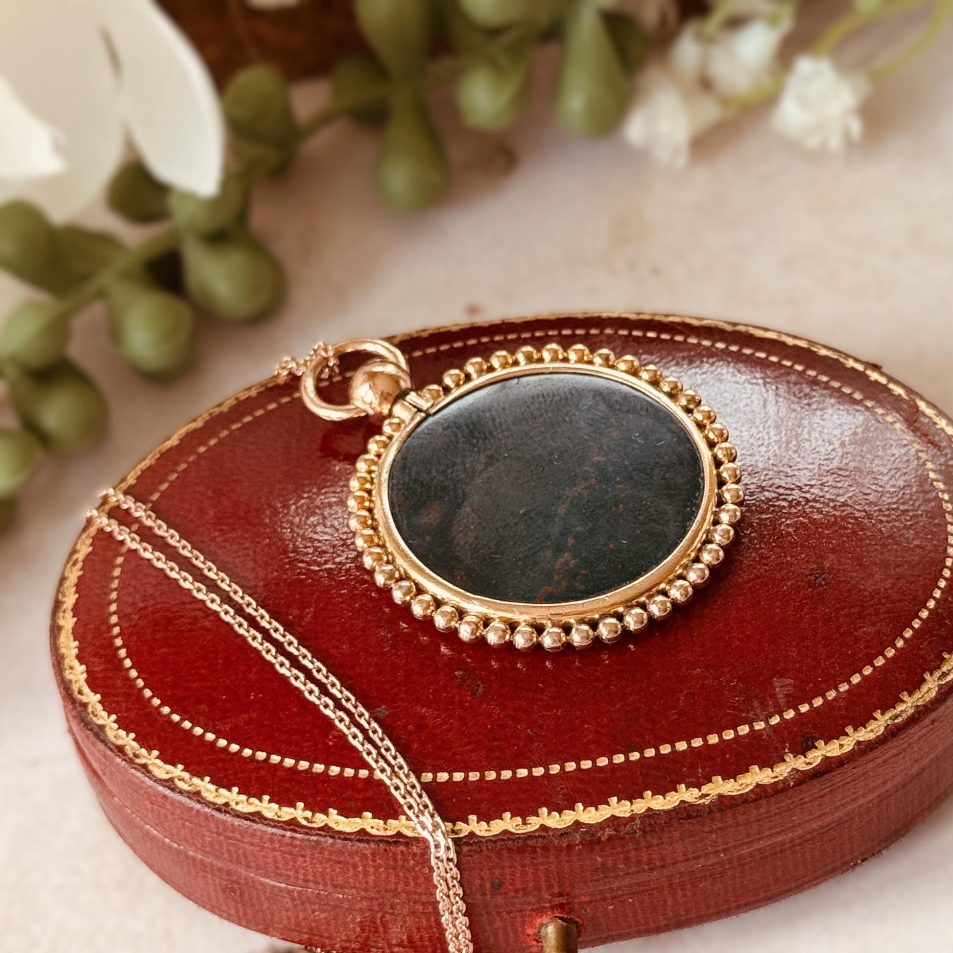 Antique Victorian Bloodstone Pendant Necklace | Rolled Rose Gold Photo Locket Conversion