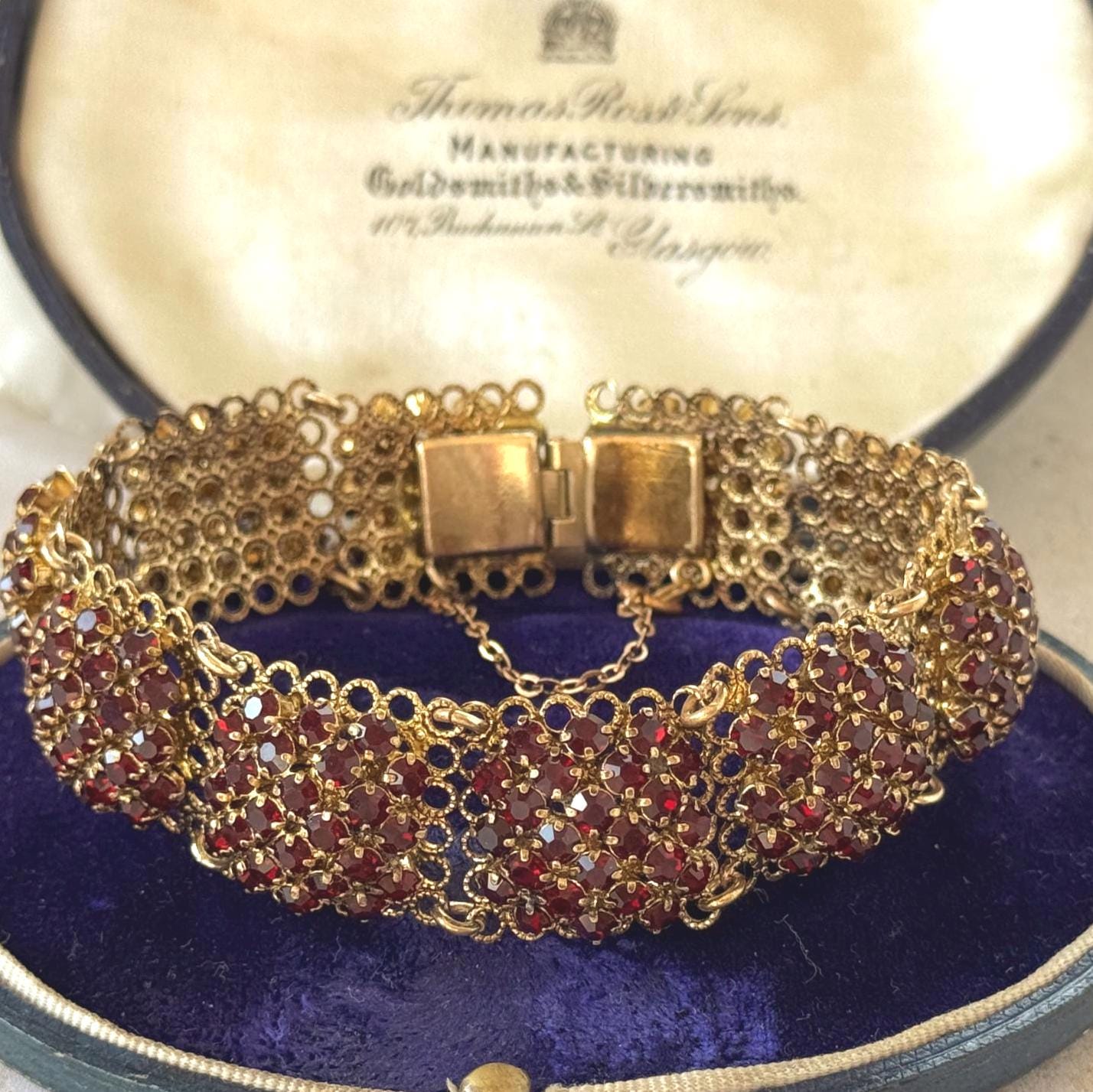 Vintage Art Deco Red Paste Garnet Rosette Panel Bracelet, Circa 1930