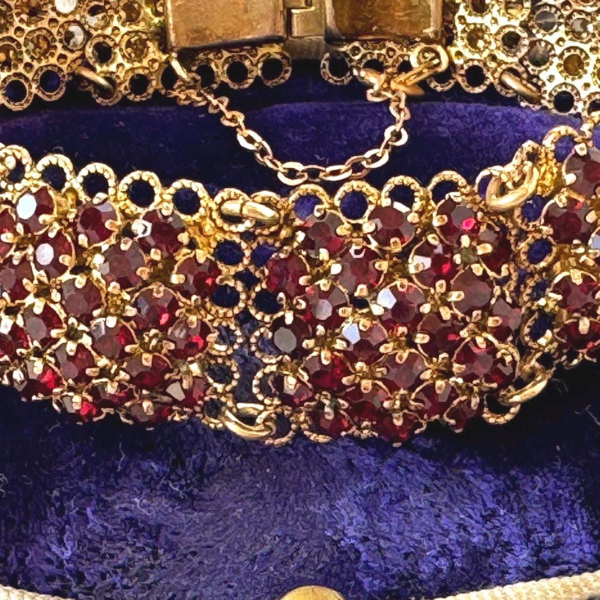 Vintage Art Deco Red Paste Garnet Rosette Panel Bracelet, Circa 1930
