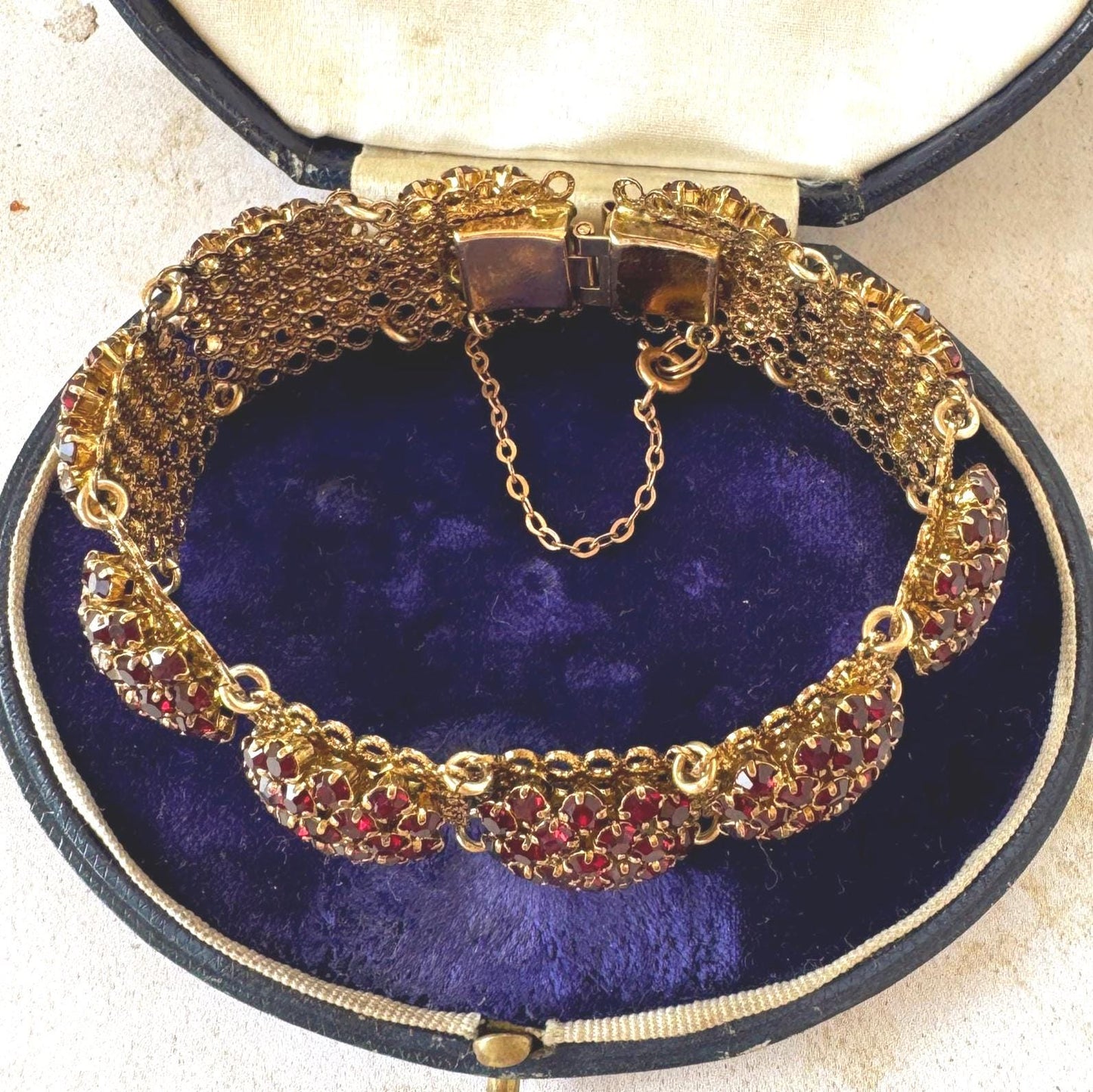 Vintage Art Deco Red Paste Garnet Rosette Panel Bracelet, Circa 1930