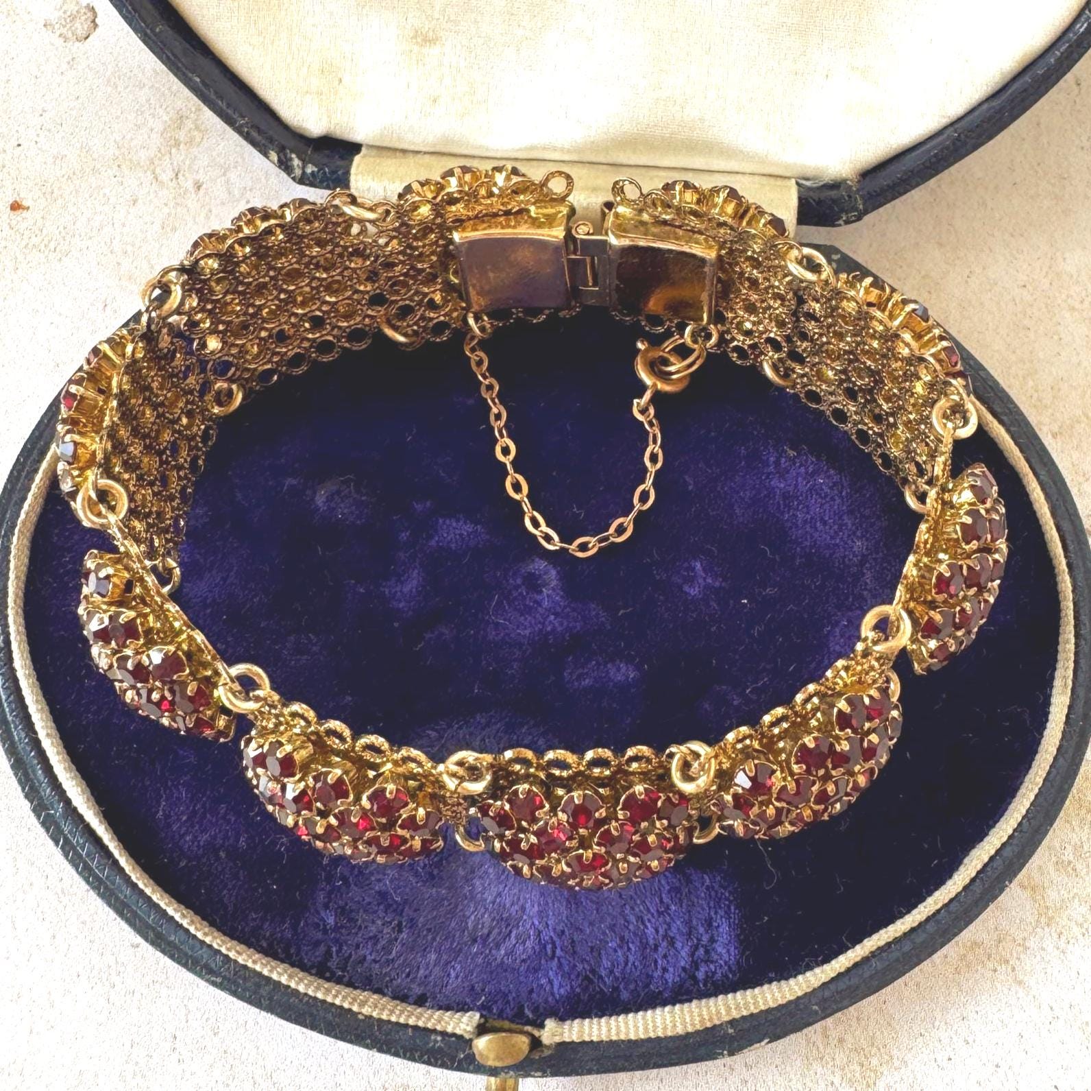 Vintage Art Deco Red Paste Garnet Rosette Panel Bracelet, Circa 1930