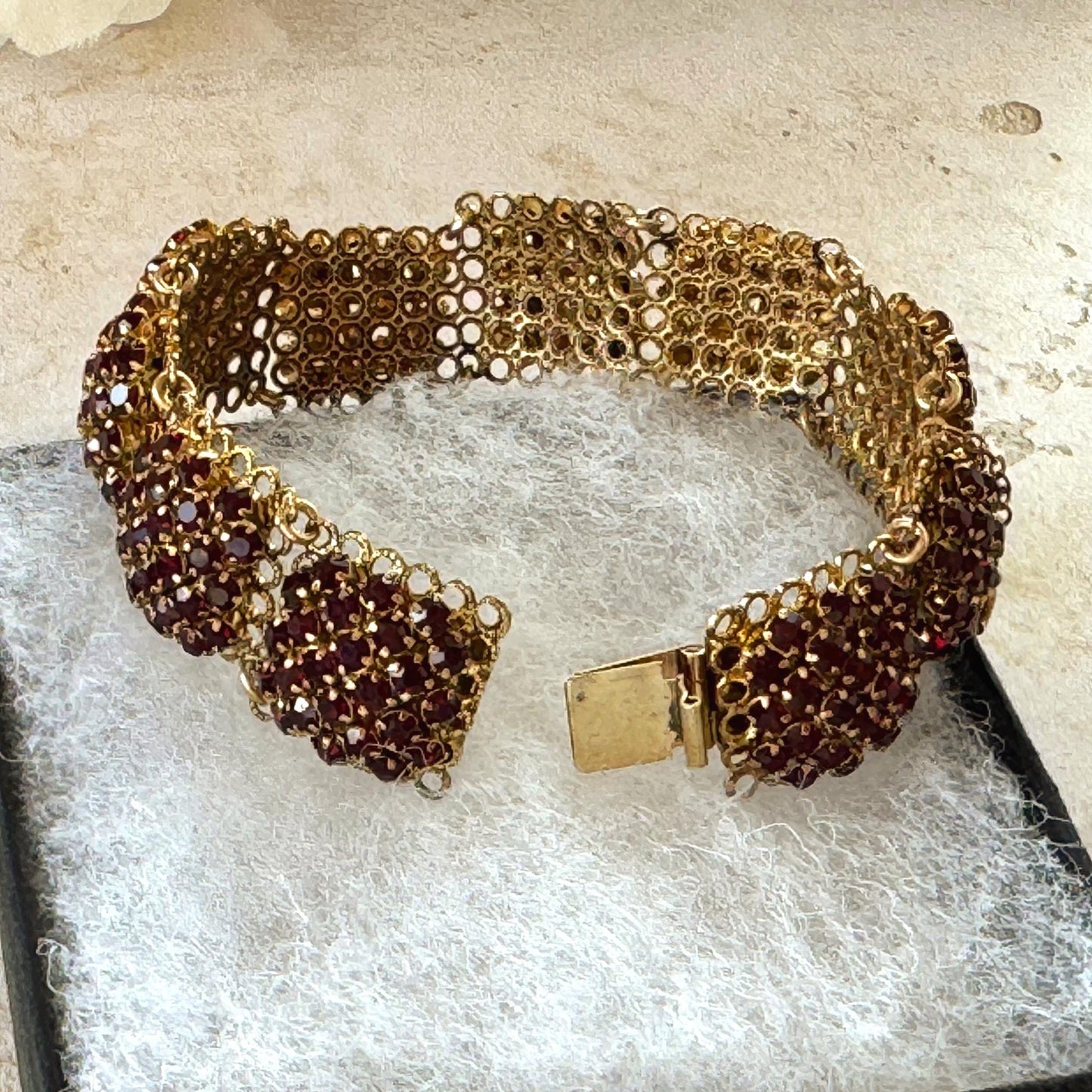 Vintage Art Deco Red Paste Garnet Rosette Panel Bracelet, Circa 1930