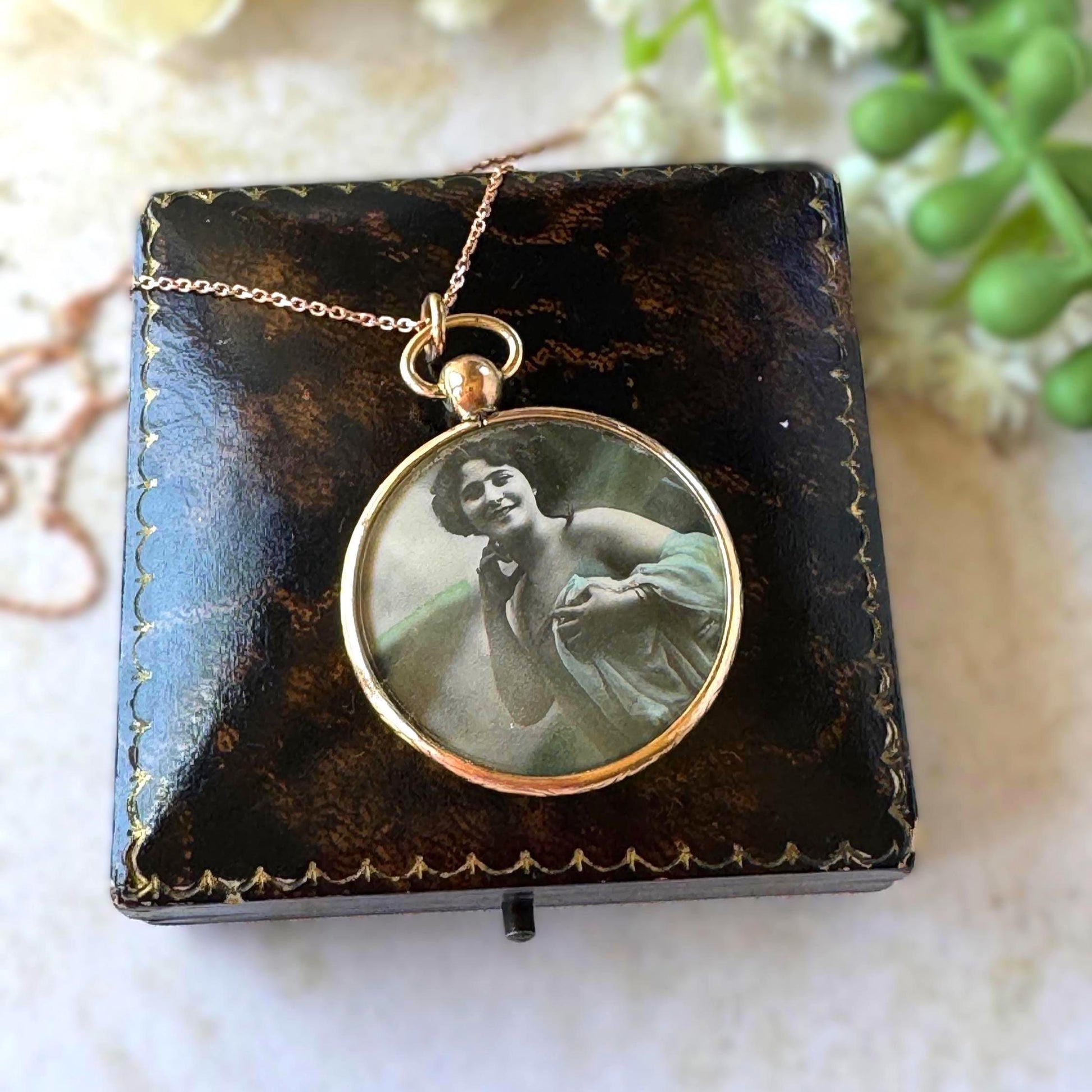 Antique Edwardian Rolled Gold Picture Pendant Necklace: Rare Original Hand Coloured Two Portrait Locket