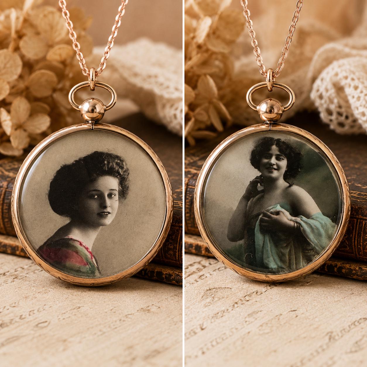 Antique Edwardian Rolled Gold Picture Pendant Necklace: Rare Original Hand Coloured Two Portrait Locket