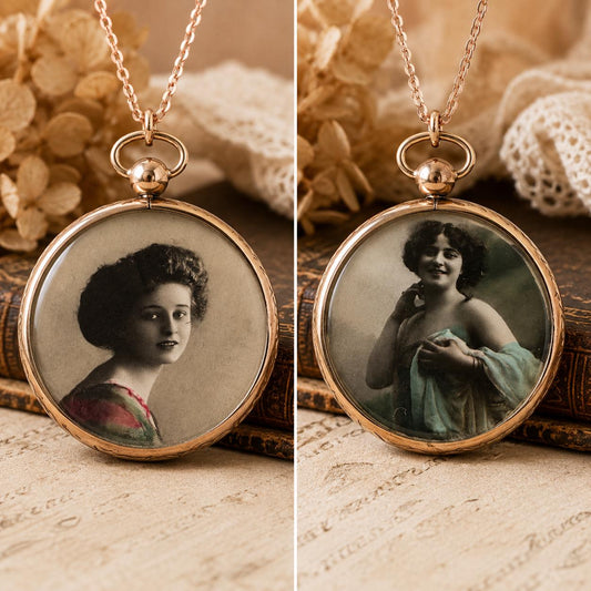 Antique Edwardian Rolled Gold Picture Pendant Necklace: Rare Original Hand Coloured Two Portrait Locket