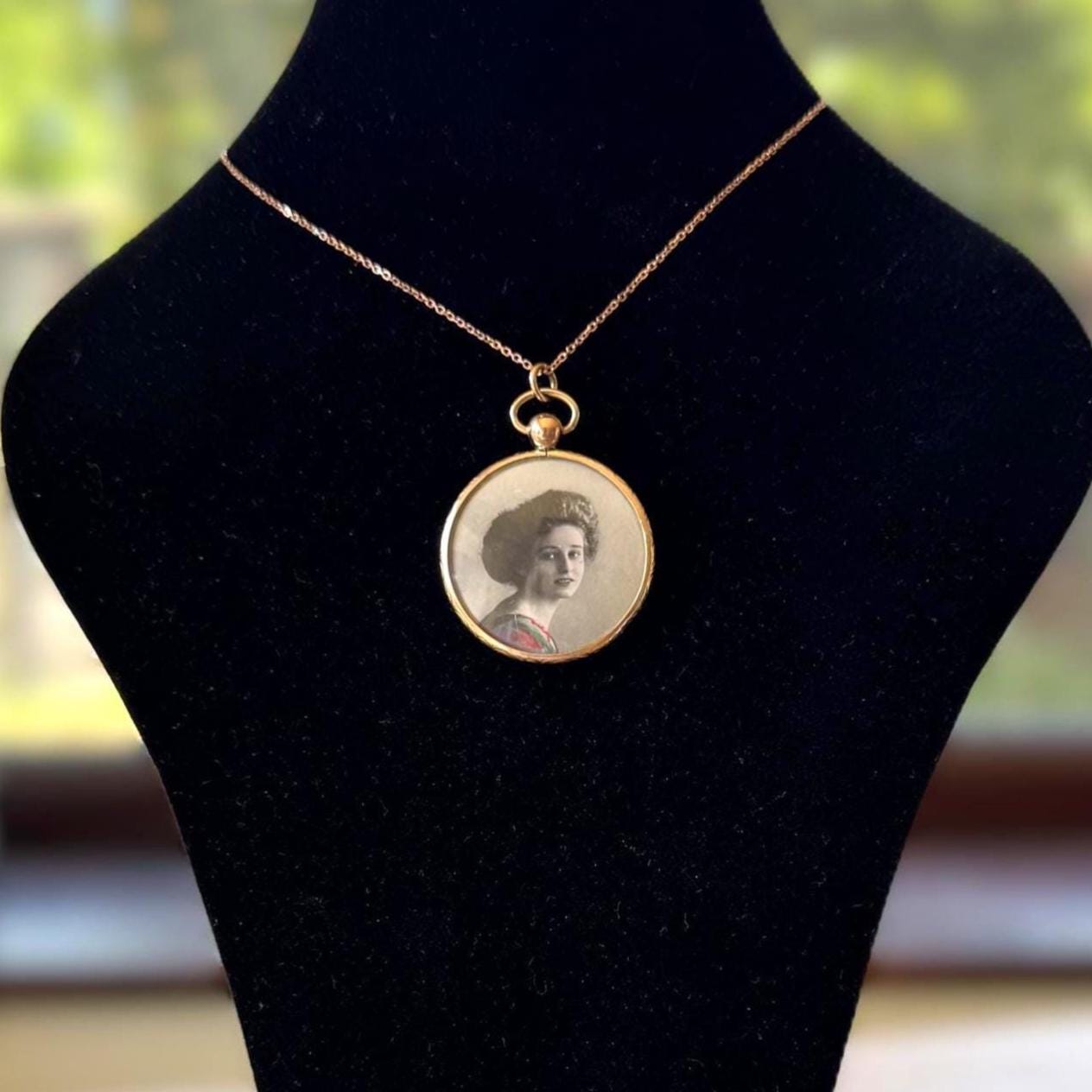 Antique Edwardian Rolled Gold Picture Pendant Necklace: Rare Original Hand Coloured Two Portrait Locket