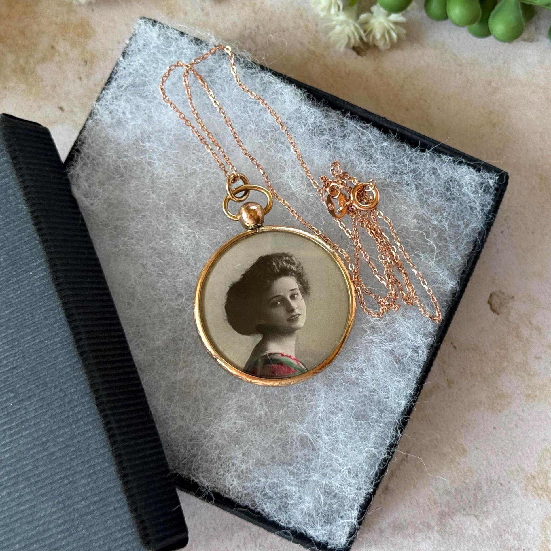 Antique Edwardian Rolled Gold Picture Pendant Necklace: Rare Original Hand Coloured Two Portrait Locket