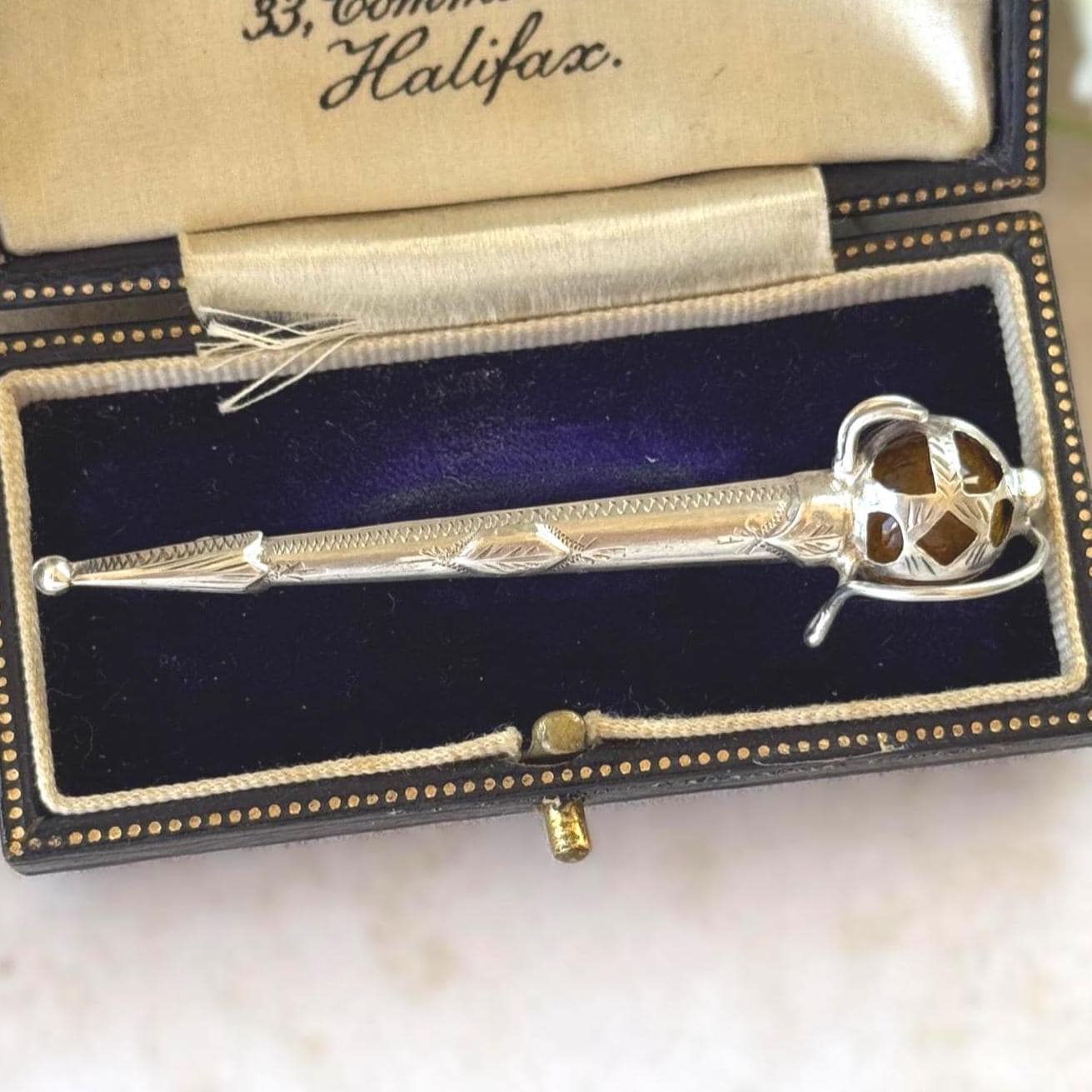 Antique Sterling Silver Scottish Cairngorm Claymore Sword Brooch, Circa 1920