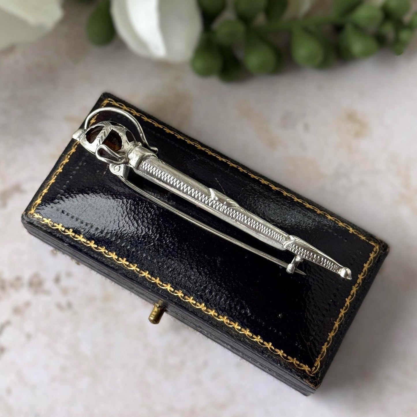 Antique Sterling Silver Scottish Cairngorm Claymore Sword Brooch, Circa 1920