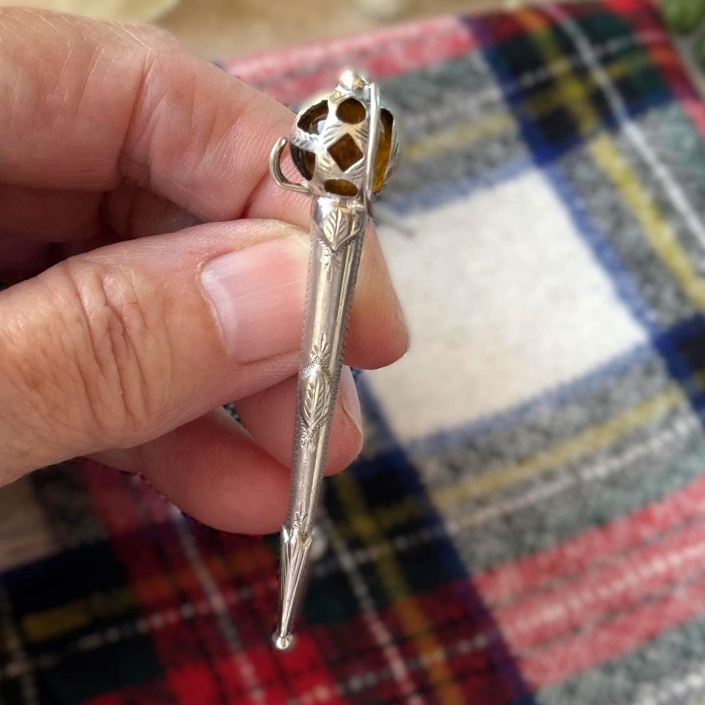 Antique Sterling Silver Scottish Cairngorm Claymore Sword Brooch, Circa 1920