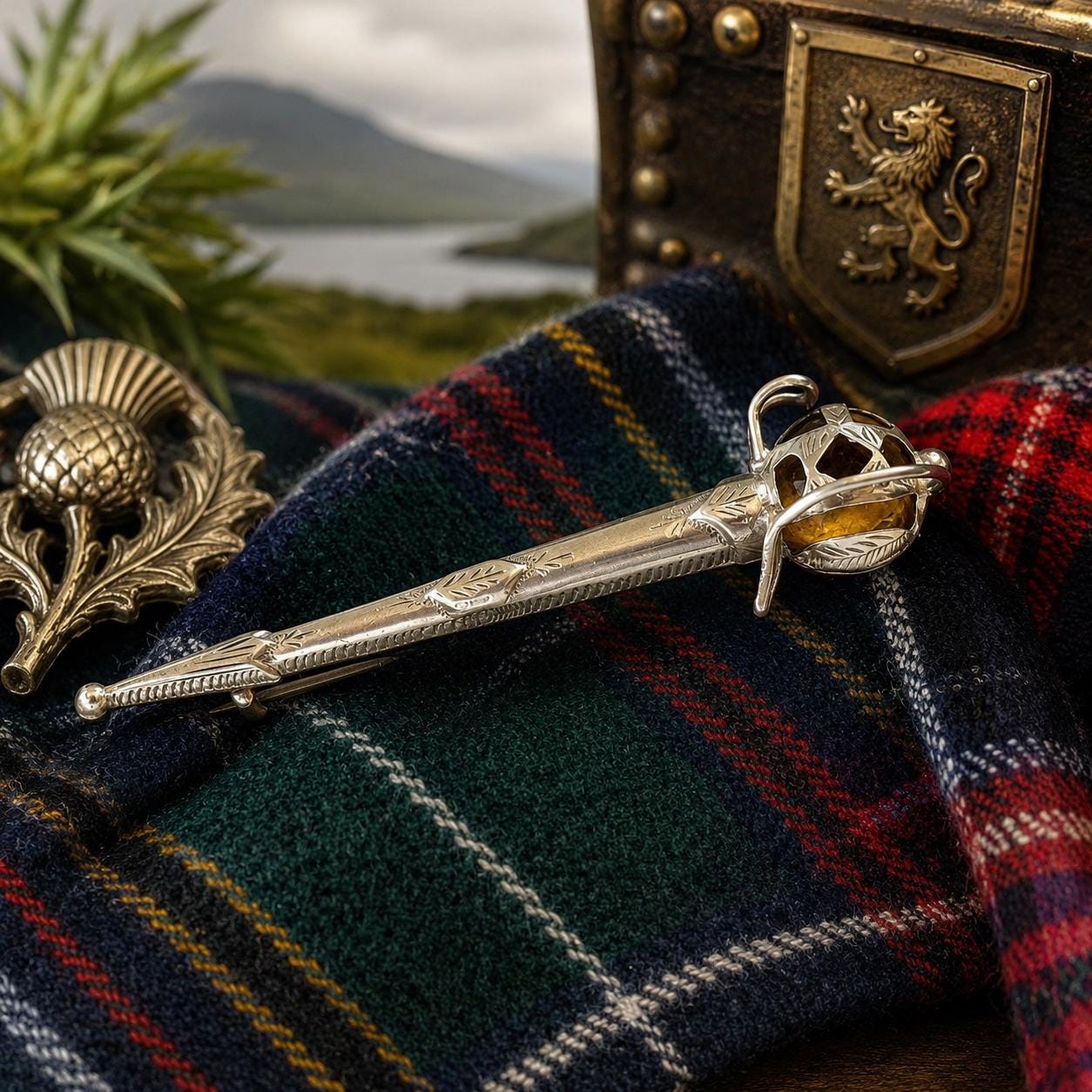Antique Sterling Silver Scottish Cairngorm Claymore Sword Brooch, Circa 1920