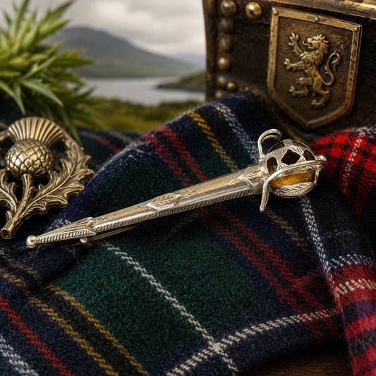 Antique Sterling Silver Scottish Cairngorm Claymore Sword Brooch, Circa 1920