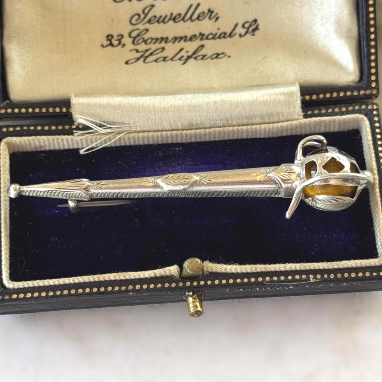 Antique Sterling Silver Scottish Cairngorm Claymore Sword Brooch, Circa 1920