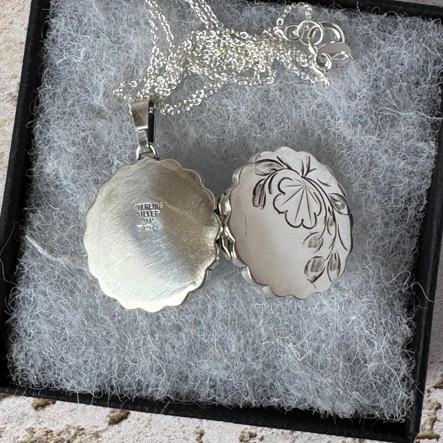 Vintage Sterling Silver Floral Engraved Pie Crust Locket Necklace, Birmingham 1978