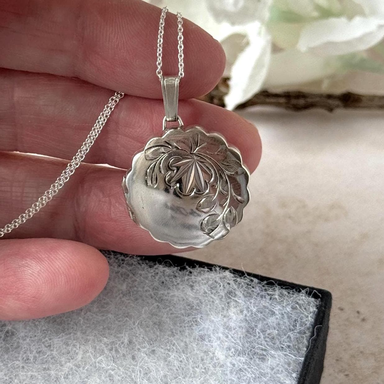 Vintage Sterling Silver Floral Engraved Pie Crust Locket Necklace, Birmingham 1978