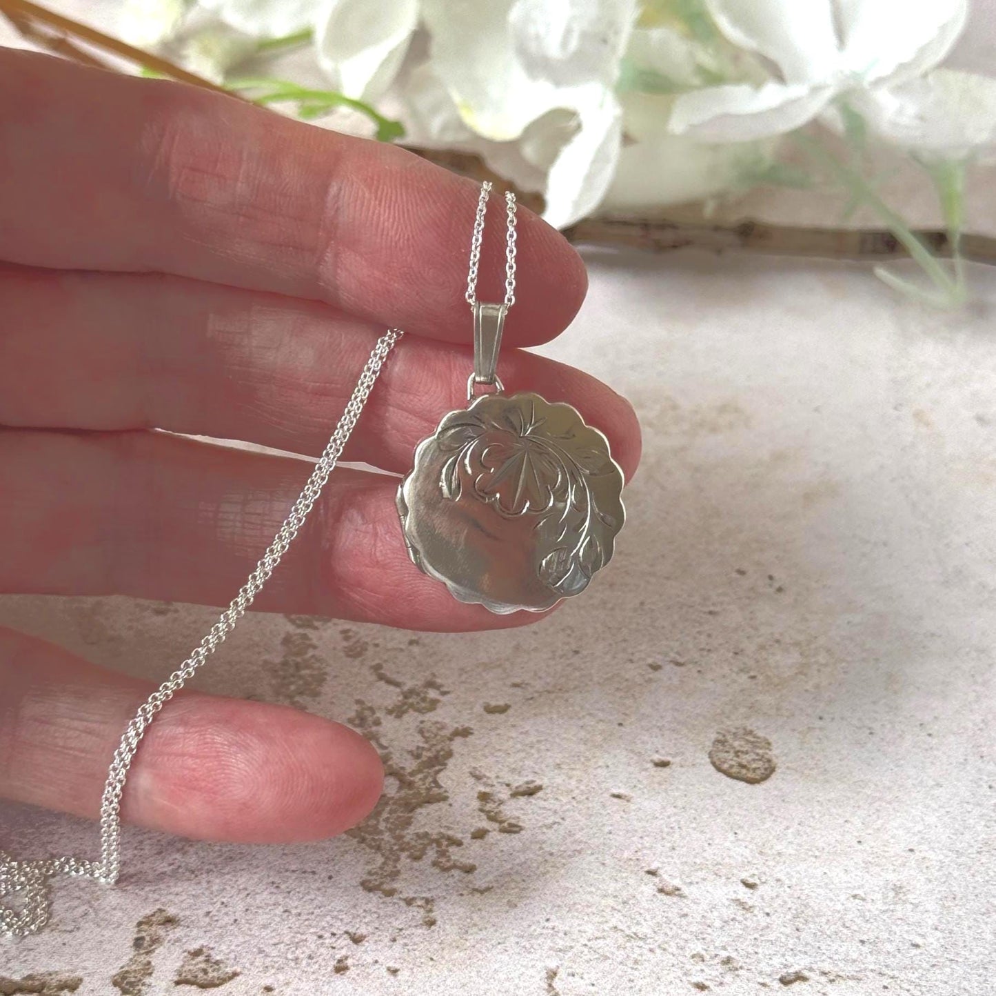 Vintage Sterling Silver Floral Engraved Pie Crust Locket Necklace, Birmingham 1978