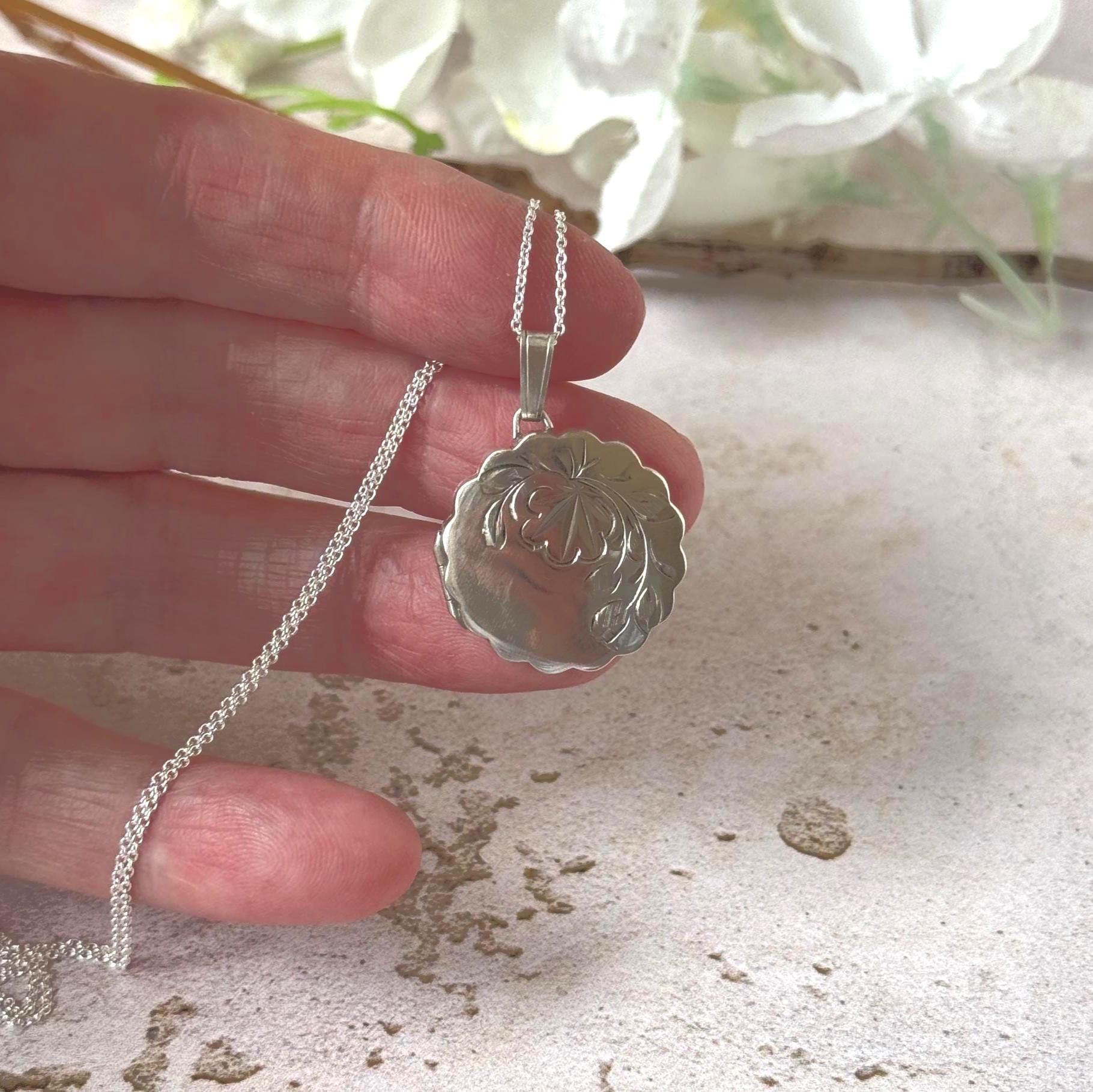 Vintage Sterling Silver Floral Engraved Pie Crust Locket Necklace, Birmingham 1978