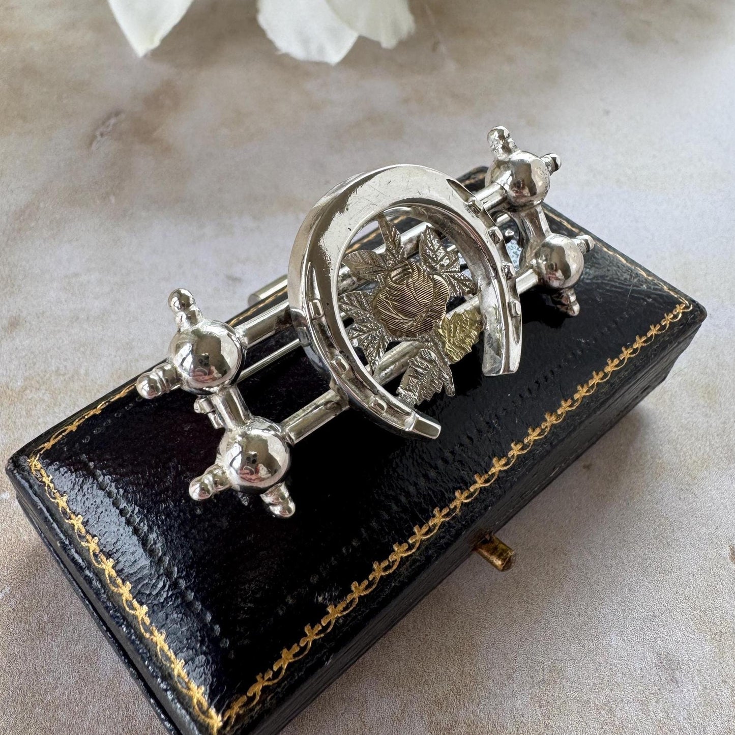 Antique Victorian Sweetheart Horseshoe Brooch | Sterling Silver & Gold Equestrian Lapel Pin